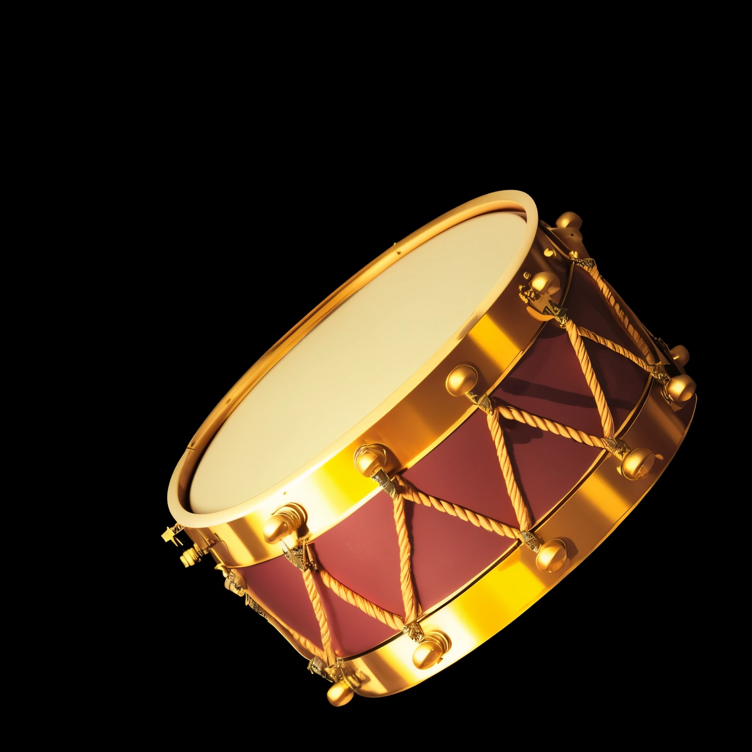 a close up of a drum with a Kaneko rim and rope, 低音drum, Kaneko and red metal, drum, 铃drum, musical instrument, musical musical instrument, octane rendering, on black background, an musical instrument, brass, present, digital drawing, Kaneko, highly present!!, Depicted as 3D rendering, highly present, drum手, present art