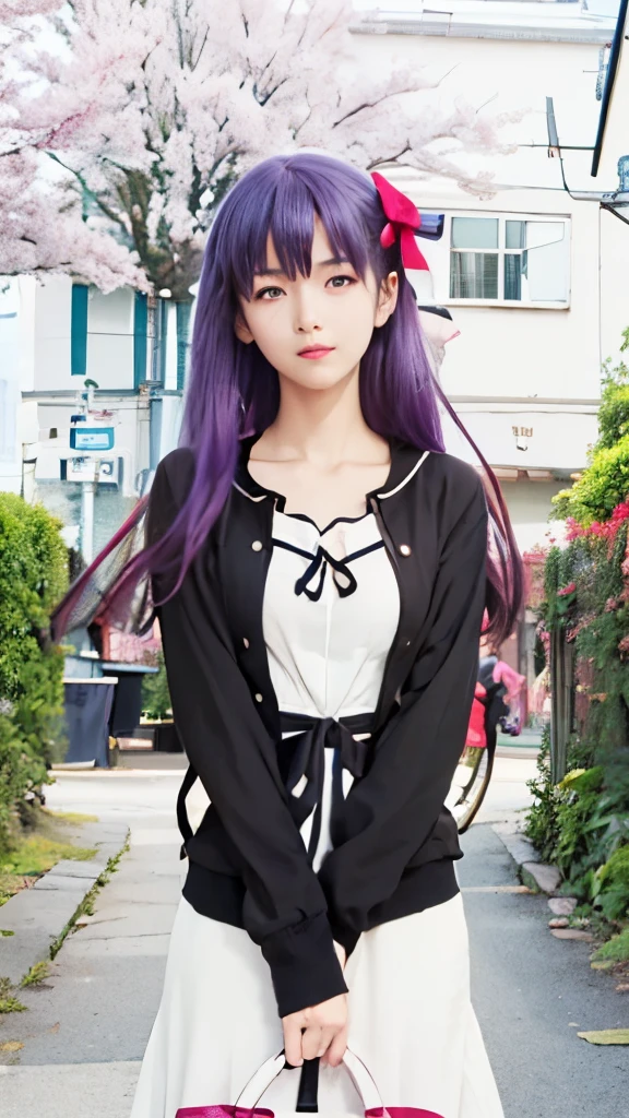 anime girl with purple hair and white dress in front of a house, misato katsuragi, iwakura lain, official art, anime style like fate/stay night, mai yoneyama, anime moe artstyle, anime visual of a cute girl, official character art, sankakucomplex anime image, official anime artwork, anime visual of a young woman