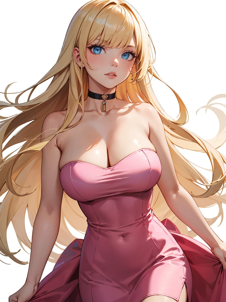 (((masterpiece))),best quality, [(white background:1.5)::5], (isometric:1.1), 1 woman, big breasts, blue eyes, very long hair, blonde hair, long blonde hair, side sweep bangs, pink choker, strapless pink dress, fighting stance