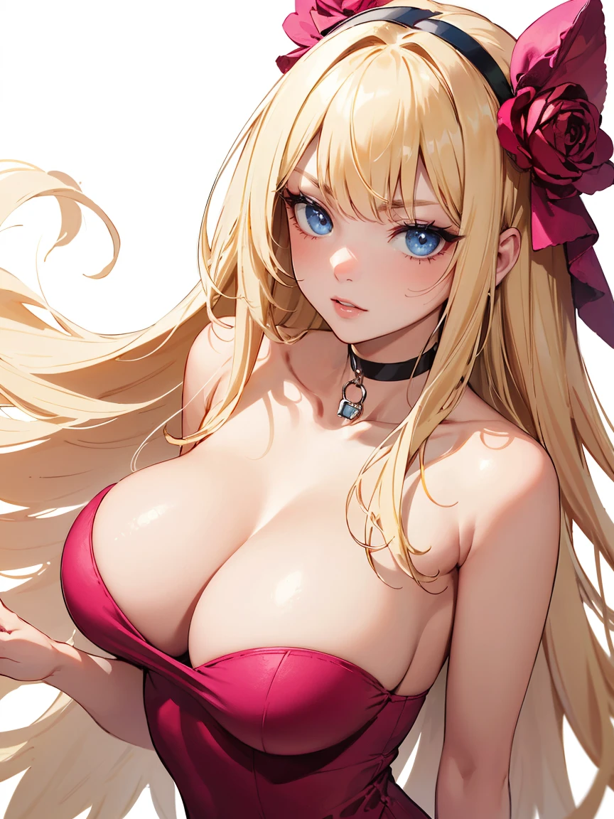 (((masterpiece))),best quality, [(white background:1.5)::5], (isometric:1.1), 1 woman, big breasts, blue eyes, very long hair, blonde hair, long blonde hair, side sweep bangs, pink choker, strapless pink dress, fighting stance