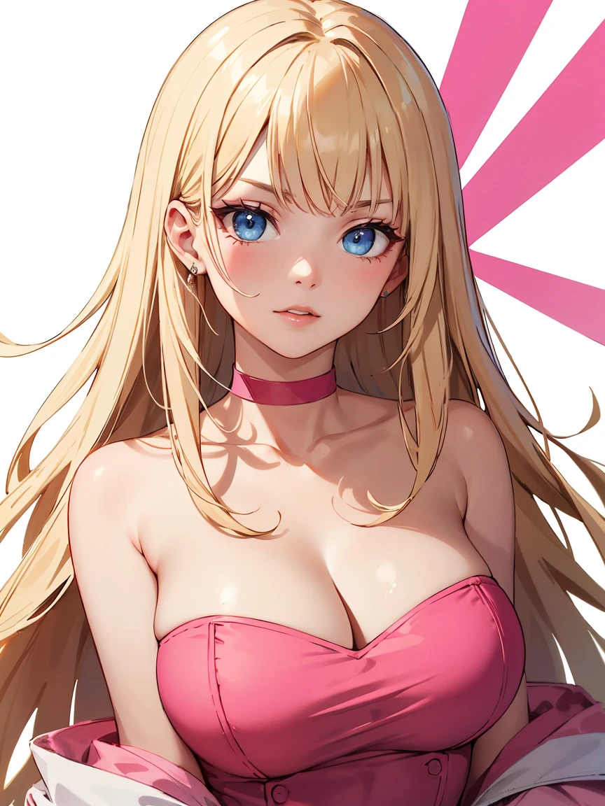 (((masterpiece))),best quality, [(white background:1.5)::5], (isometric:1.1), 1 woman, big breasts, blue eyes, very long hair, blonde hair, long blonde hair, side sweep bangs, pink choker, strapless pink dress, fighting stance