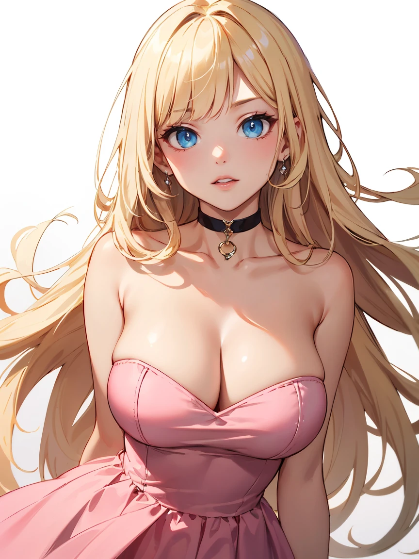 (((masterpiece))),best quality, [(white background:1.5)::5], (isometric:1.1), 1 woman, big breasts, blue eyes, very long hair, blonde hair, long blonde hair, side sweep bangs, pink choker, strapless pink dress, fighting stance