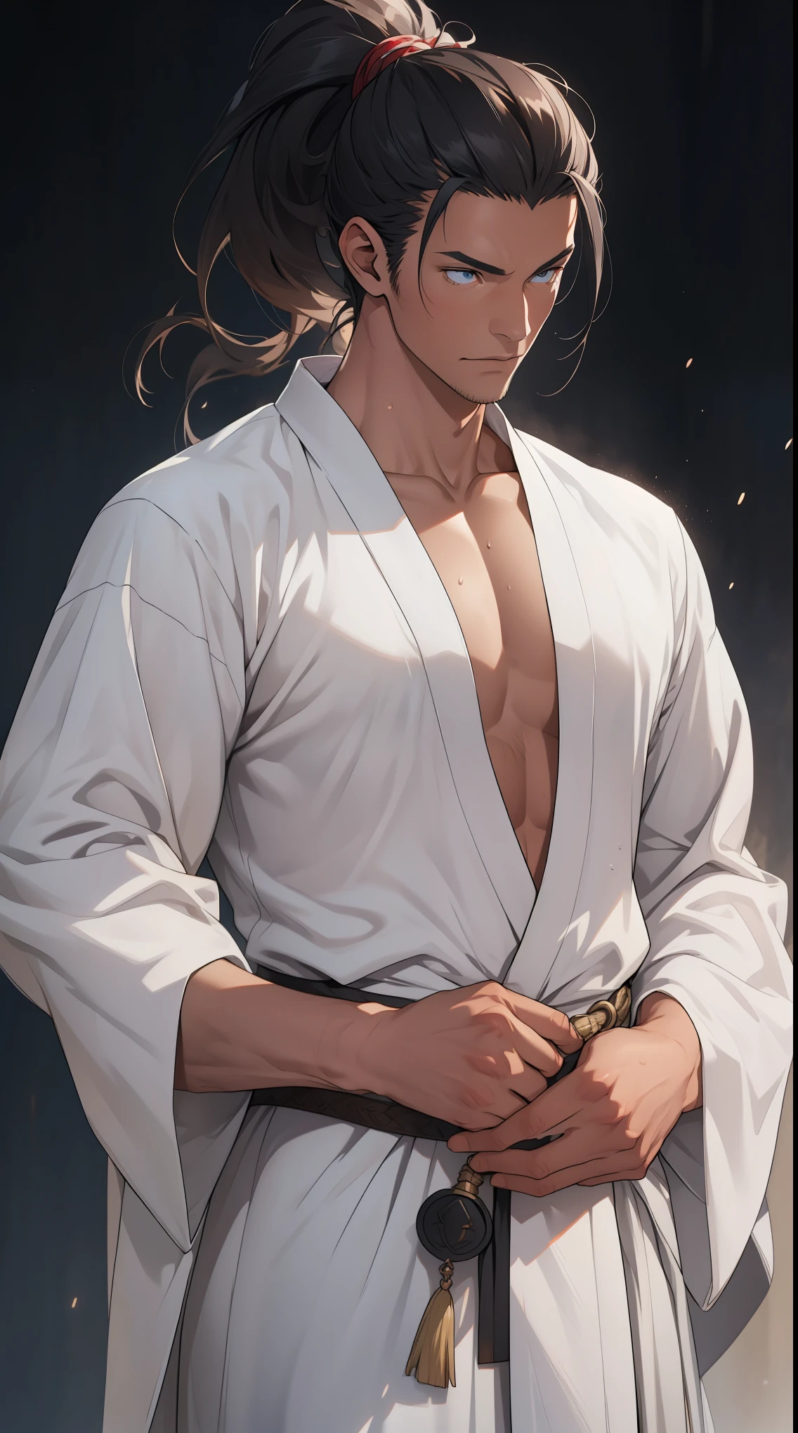 Handsome, solo, 1 male, African man,(((brown skin))), ((short wild true white hair)),  gray eyes, no shirt, large shorts, tattoed indigo tribal, stylishly throwing the cloak over the shoulder, ((white lion cloak)), 