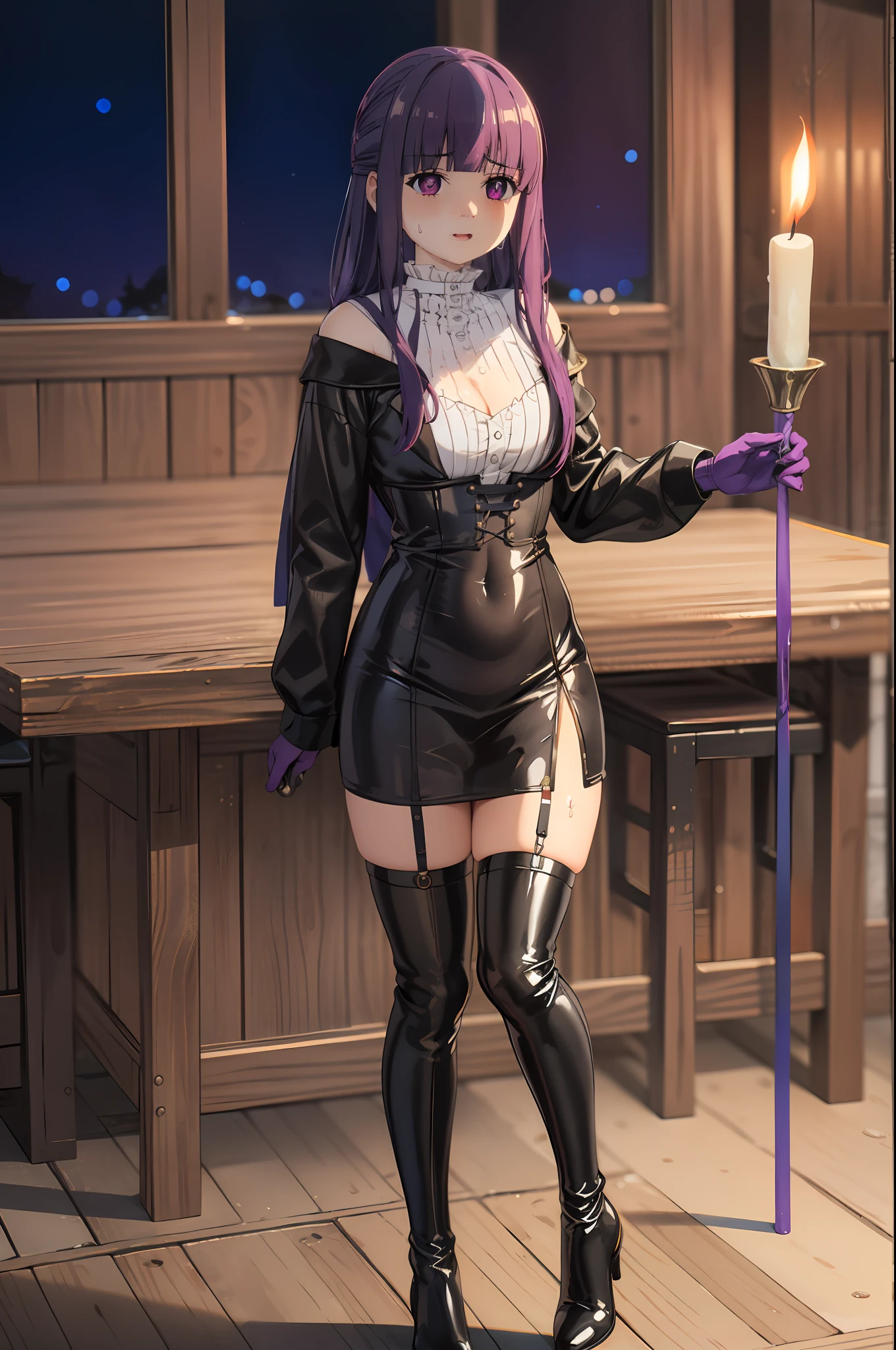 (highest quality, masterpiece),sexy, erotic, 1 girl, 18-year-old, despise, Pride, purple long hair, ((purple eyes)), looking at the viewer, medieval tabernacle, (close), ((dark room)), Sweat, the candle is lit, (((blush))), ((cleavage)), Mr.々Inside a torture chamber with various tools、
BDSM、Black leather corset dress、The corset is decorated with beautiful embroidery.、corset dress with shoulder straps、Tight mini skirt in black leather、first round、Black Thigh Boots、high heel boots、