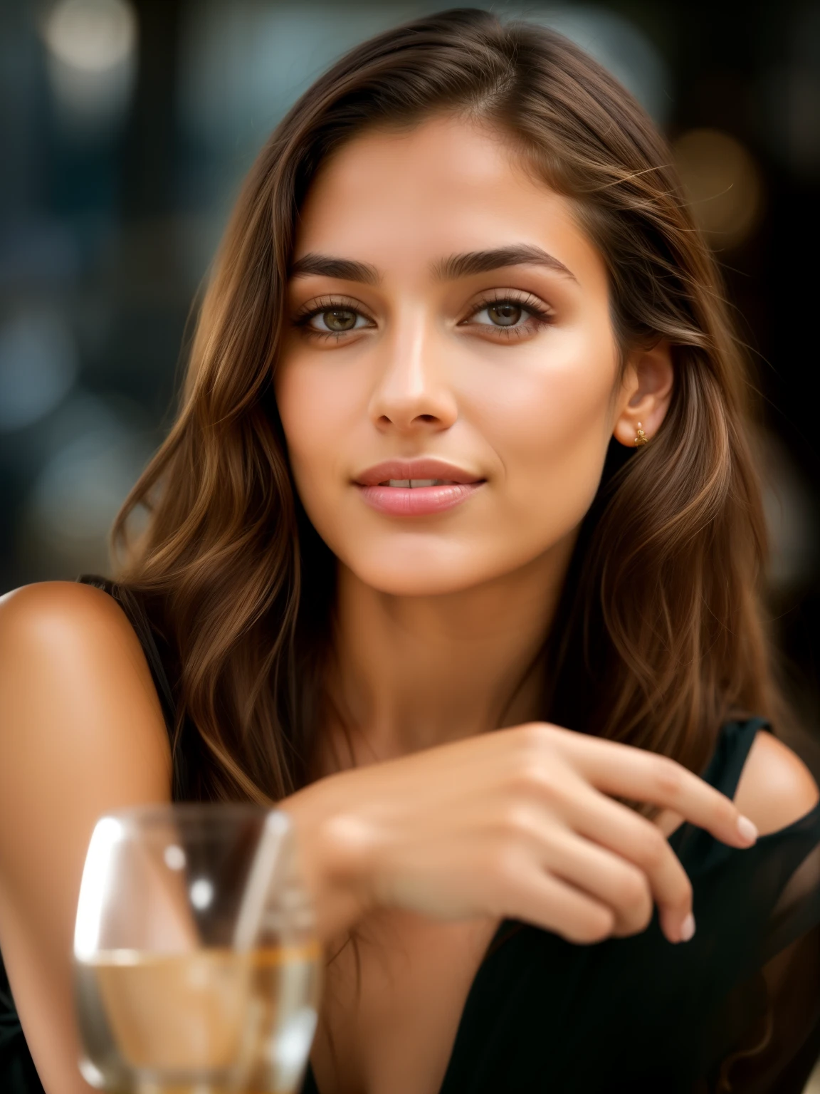 ultra realistic, Cinematic soft lighting illuminates a stunningly detailed and ultra-realistic beautiful Middle-Eastern supermodel, beach look, long messy windy brown hair, clear honey eyes, captivating perfect smile, sensual, hot woman, gorgeous, that is trending on ArtStation. Octane is the perfect tool to capture the softest details of this 16k photography masterpiece.