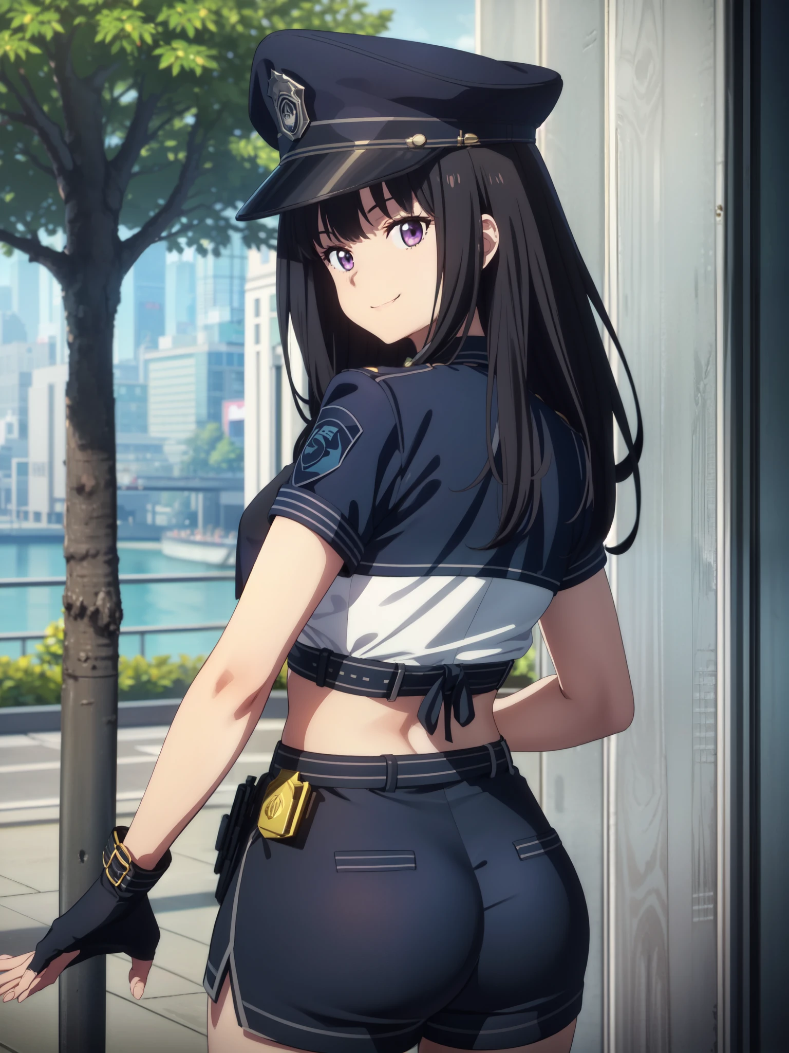 (((pixel perfect, detail perfect))), alone, 1 girl, looking at the viewer, smile, Upper body、black police peaked cap, Police, cleavage, Midriffs, white shirt, front-tie top, purple eyes, long hair, Black High-waist shorts, (blue belt:1.2), black fingerless gloves, black boots,(emerald tie),medium beasts,(from behind)