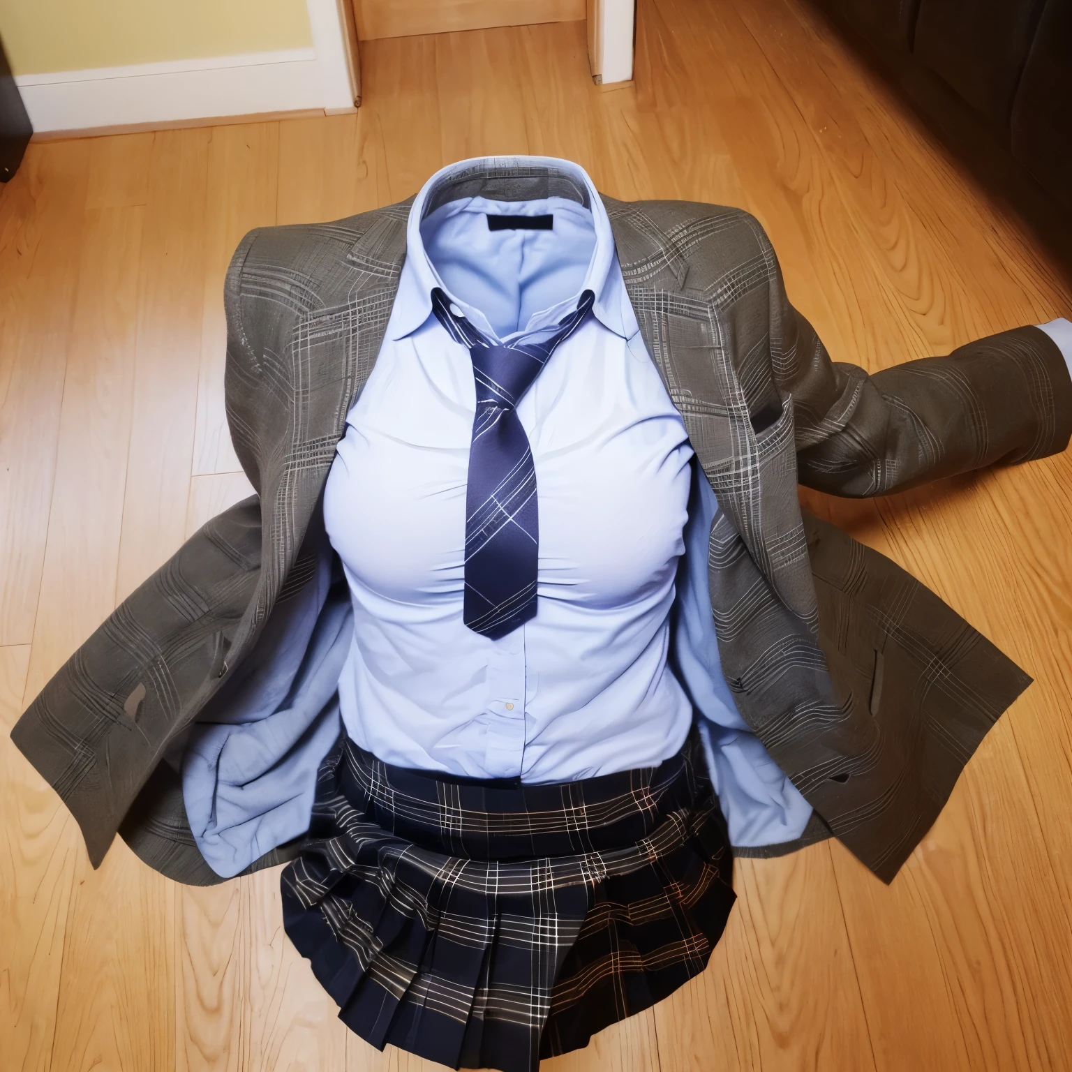 school uniform on floor, stripe tie, plaid school skirt, spread the skirt, (invisible, no humans, headless, faceless:1.5), cute big breasts