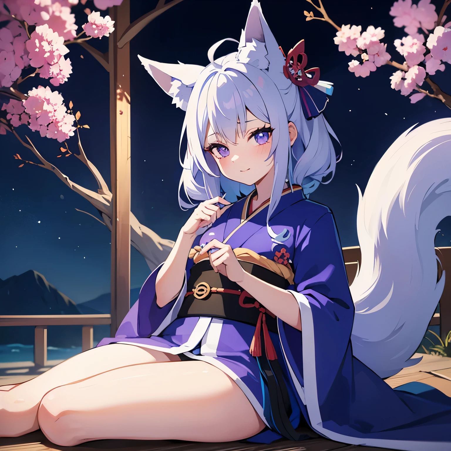 Blue-white hair, Blue-purple gradient pupils, Little tail, Fox girl in kimono，8k