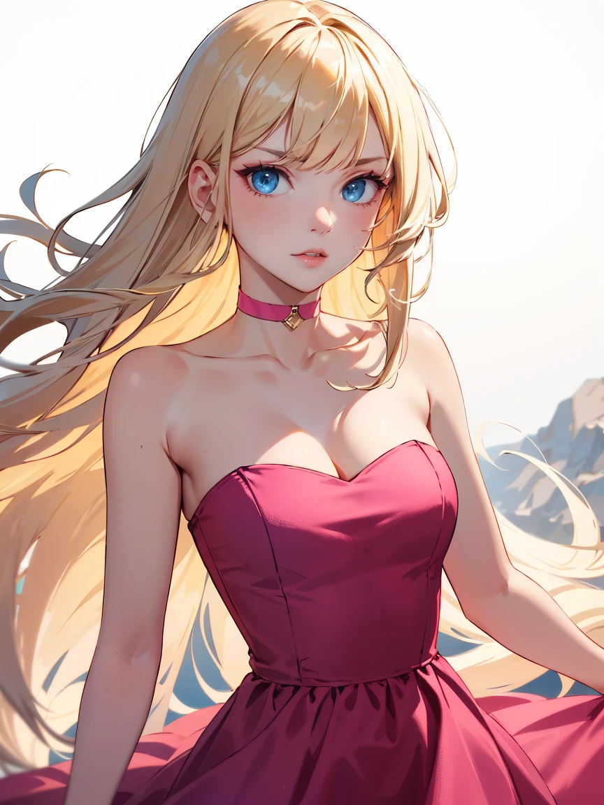 (((masterpiece))),best quality, [(white background:1.5)::5], (isometric:1.1), 1 woman, big breasts, blue eyes, very long hair, blonde hair, long blonde hair, side sweep bangs, pink choker, strapless pink dress, fighting stance