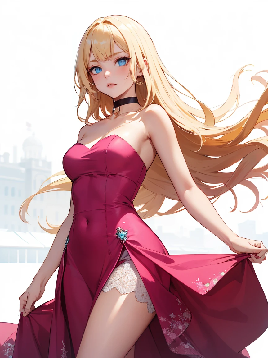 (((masterpiece))),best quality, [(white background:1.5)::5], (isometric:1.1), 1 woman, big breasts, blue eyes, very long hair, blonde hair, long blonde hair, side sweep bangs, pink choker, strapless pink dress, fighting stance