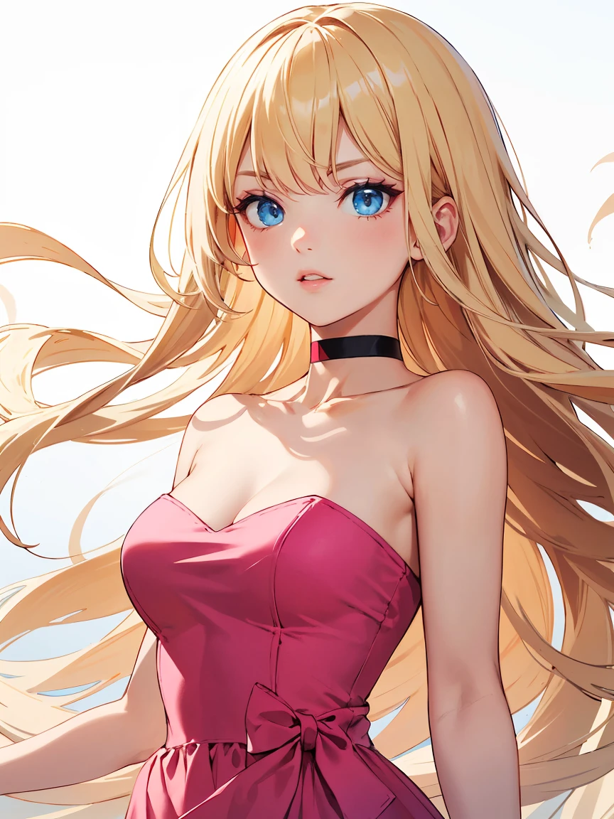 (((masterpiece))),best quality, [(white background:1.5)::5], (isometric:1.1), 1 woman, big breasts, blue eyes, very long hair, blonde hair, long blonde hair, side sweep bangs, pink choker, strapless pink dress, fighting stance