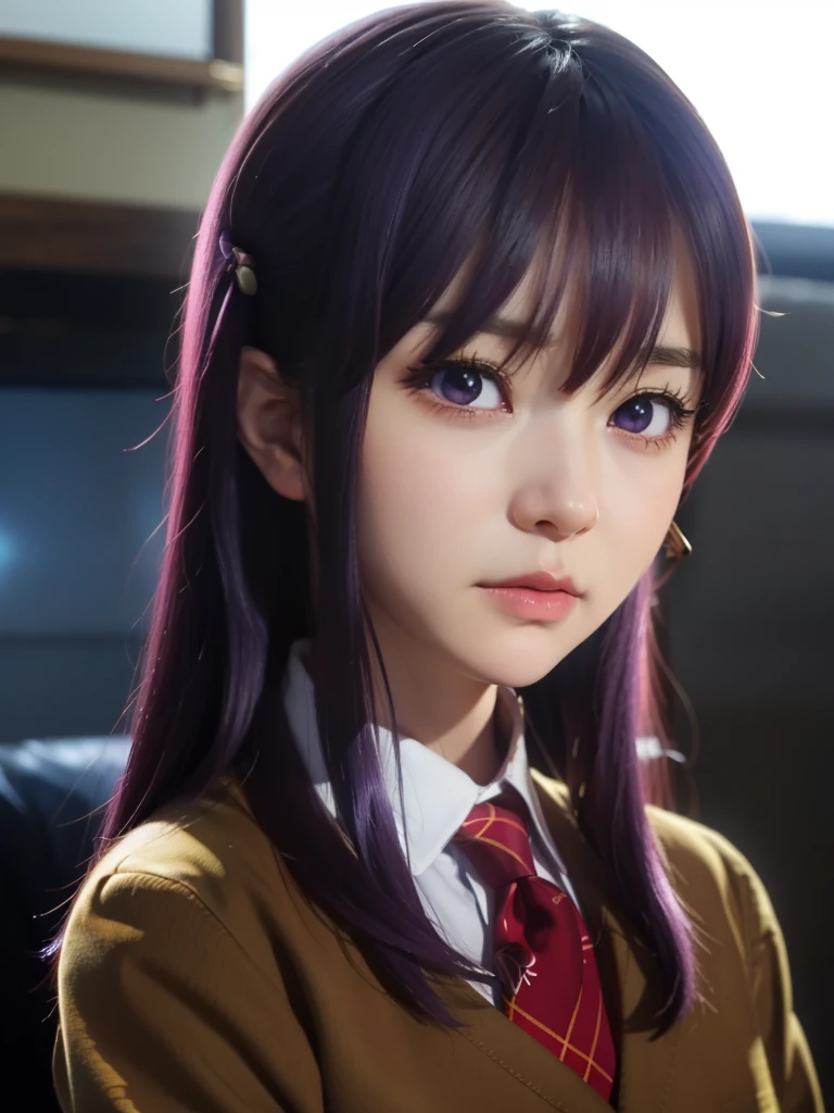 anime girl with purple hair and a tie looking at the camera, misato katsuragi, close up iwakura lain, iwakura lain, close up of iwakura lain, in the anime film, anime style like fate/stay night, as an anime character, close up of lain iwakura, yuyushiki, still from tv anime