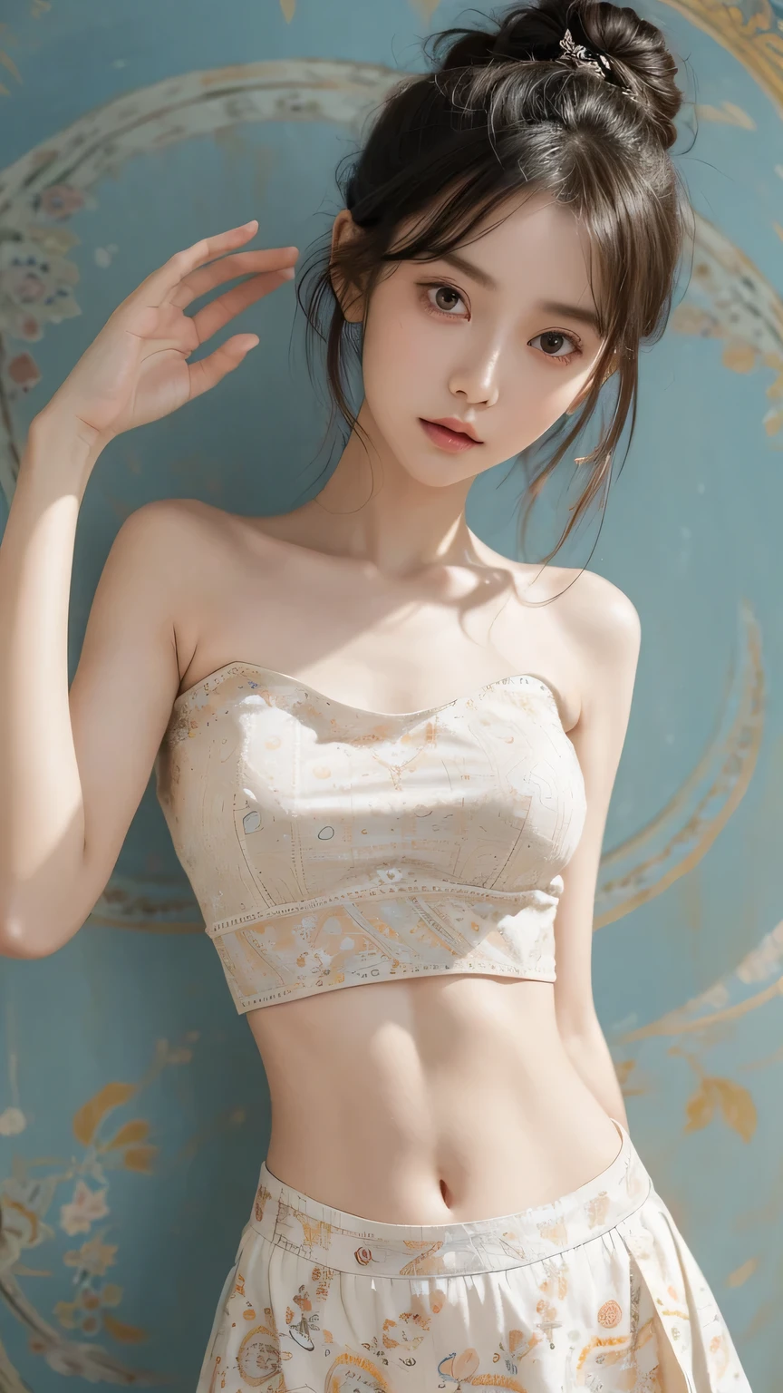 exquisite facial features,Cute ,15 year old girl,the hair,looking at viewert,petite,White-colored skin,navel,with brown eye,full bodyesbian,inside a room,amarelo,cute bear pattern,cleavage,Petite,opening legs,bandagens,Keep your butt closed,Naked,The stands up,actual