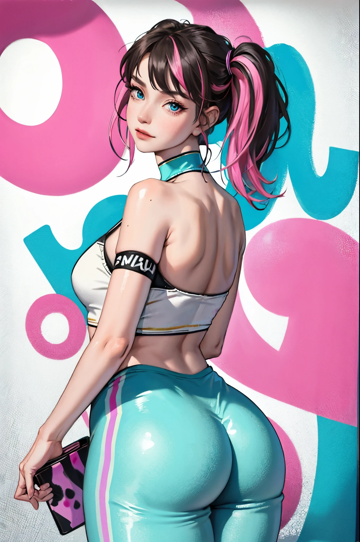 masterpiece, best quality, 25 years old beautiful woman, long hair, (mature face:1.4), 1woman, solo, crop top, gym leggings, choker, (from behind:1.4), plumb ass, thick thighs, thin waist, (graffiti:1.5), paint splatter, arms behind back, against wall, looking at viewer, armband, thigh strap, paint on body, head tilt, bored, multicolored hair (pink, blue), aqua eyes, headset