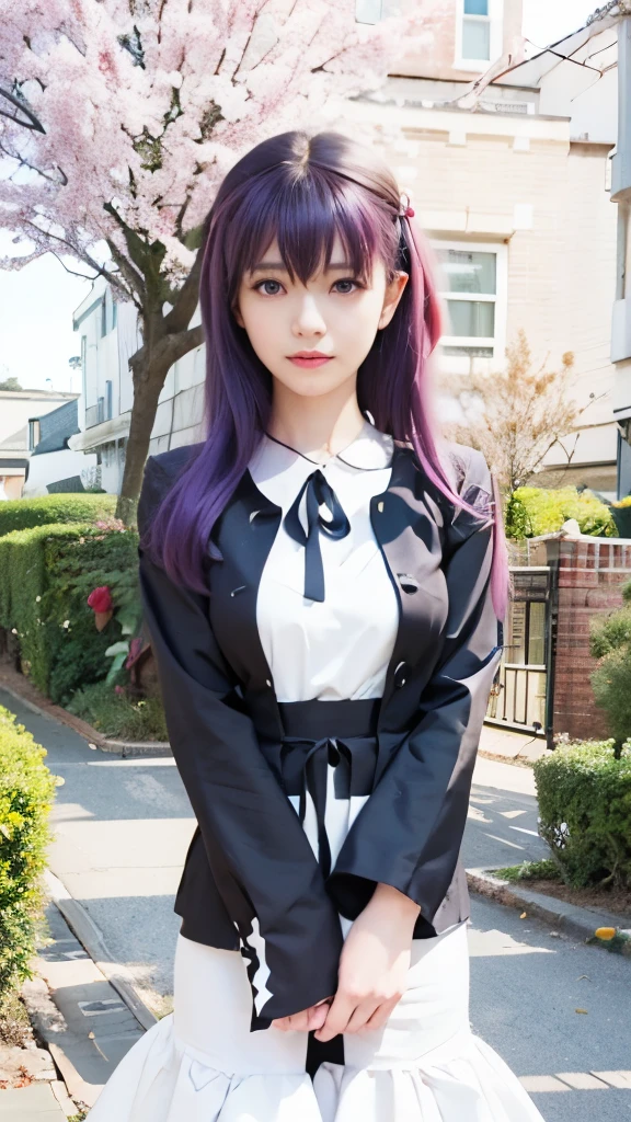 anime girl with purple hair and white dress in front of a house, misato katsuragi, iwakura lain, anime style like fate/stay night, official art, mai yoneyama, anime moe artstyle, anime visual of a cute girl, official character art, sankakucomplex anime image, official anime artwork, yuyushiki
