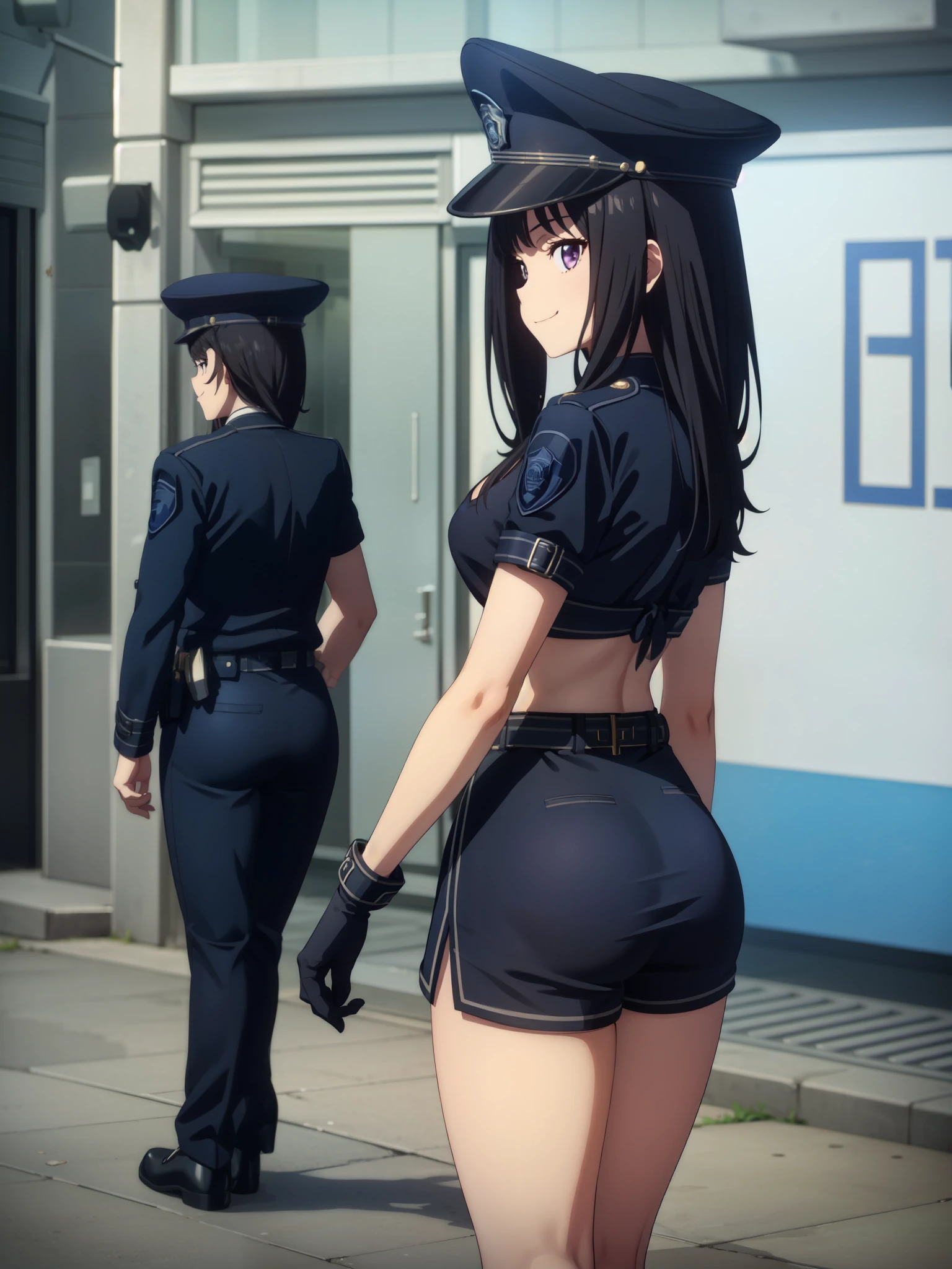 (((pixel perfect, detail perfect))), alone, 1 girl, looking at the viewer, smile,black police peaked cap, Police, cleavage, Midriffs, white shirt, front-tie top, purple eyes, long hair, Black High-waist shorts, (blue belt:1.2), black fingerless gloves, black boots,(emerald tie),medium beasts,(from behind)