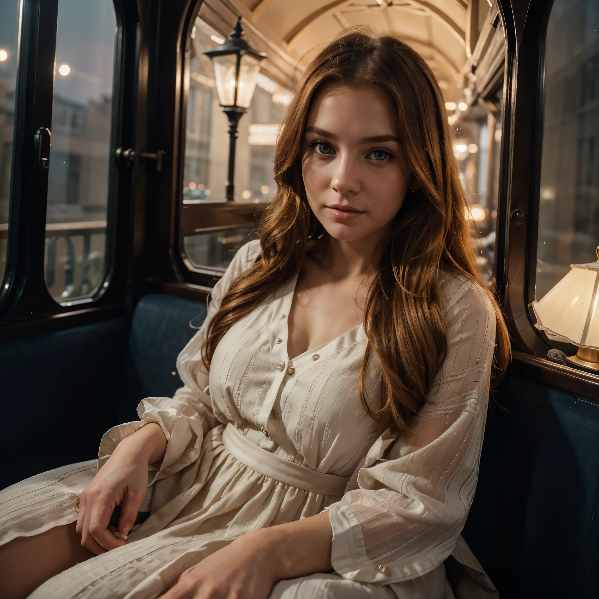 RAW uhd portrait of 24-year-old blonde, Natural red hair, castles, Wavy, (brown-eyed woman) sitting by the window in the early morning, dressed in a very elegant and pretty dress, on an old train, The background of the night of the city, (cutout), Detailed (textures!, Hair!, brightness, Color!, imperfections:1.1), High detail of light eyes, (looking at the camera), specular lighting, dslr, ultra quality, sharp-focus, Sharp, Depth of field, Film grain, (centered), Fujifilm XT3, Crystal clear, The center of the frame, cute face, sharp-focus, lamp post, neon lights, bokeh, (dimly lit), Low key, in night, (night sky).