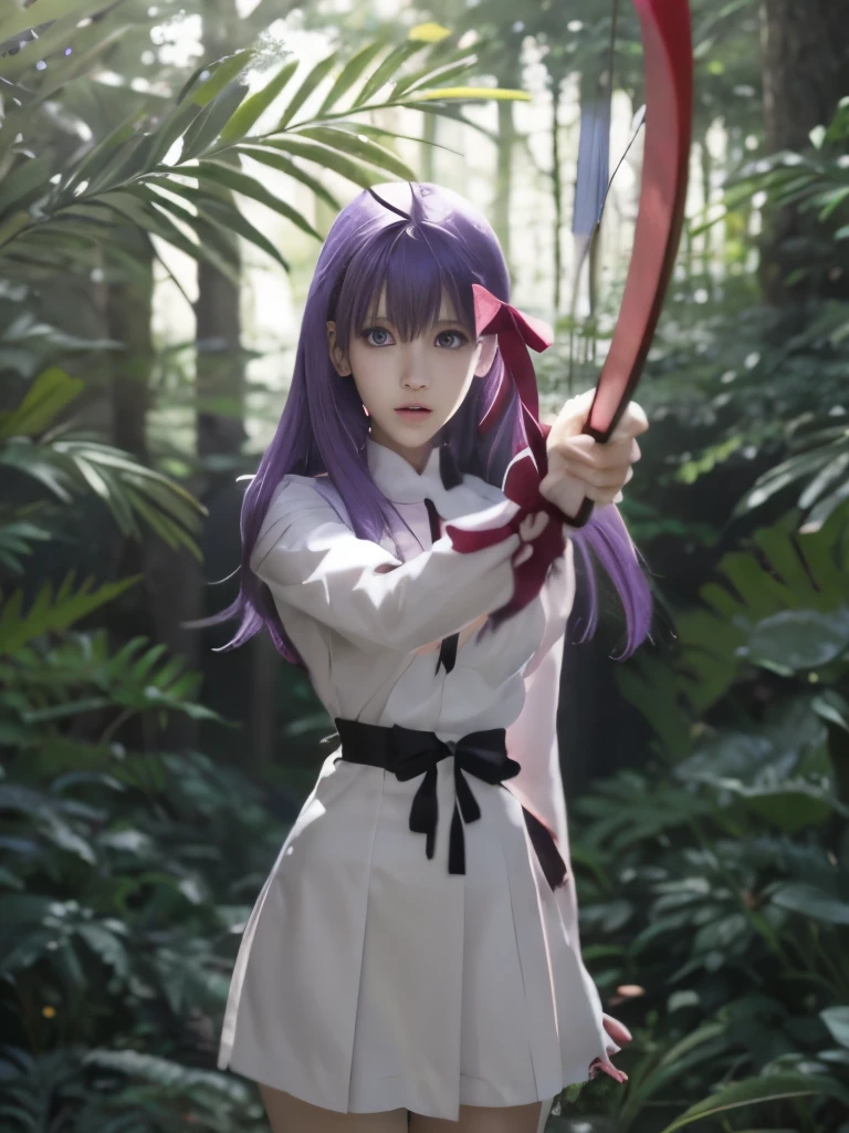 anime girl with purple hair holding a red ribbon in a forest, anime style like fate/stay night, anime moe artstyle, gapmoe yandere, misato katsuragi, official artwork, yandere, high quality anime artstyle, official art, clean detailed anime art, fate / stay night, made with anime painter studio, anime girl with a bow and arrow