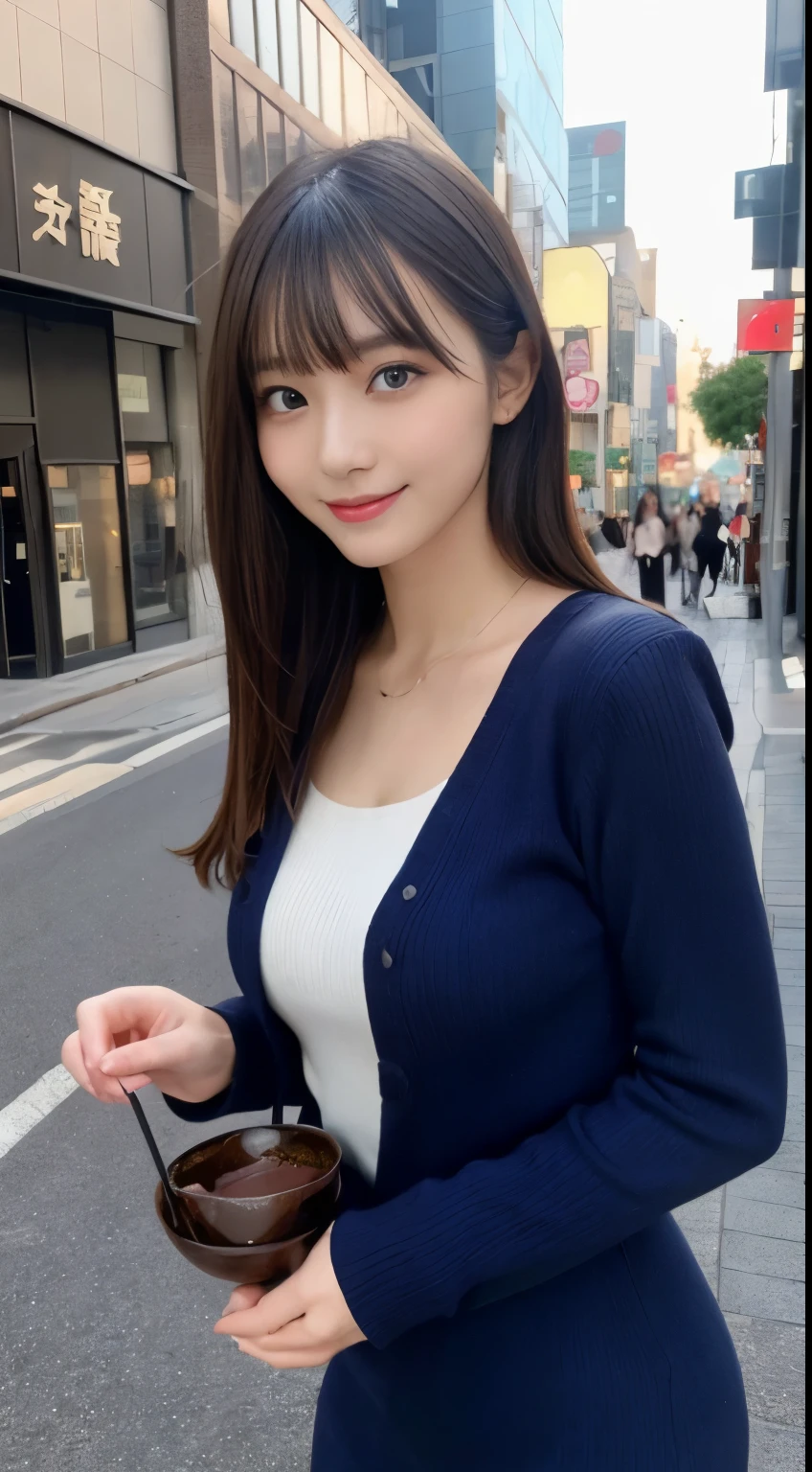 table top, highest quality, figure, super detailed, finely, High resolution, 8k wallpaper, 完璧なダイナミックな構figure, beautiful and fine eyes, dress,bowl cut, big breasts, natural color lip, random sexy poses,smile,Aoyama Street Walk、20 year old girl