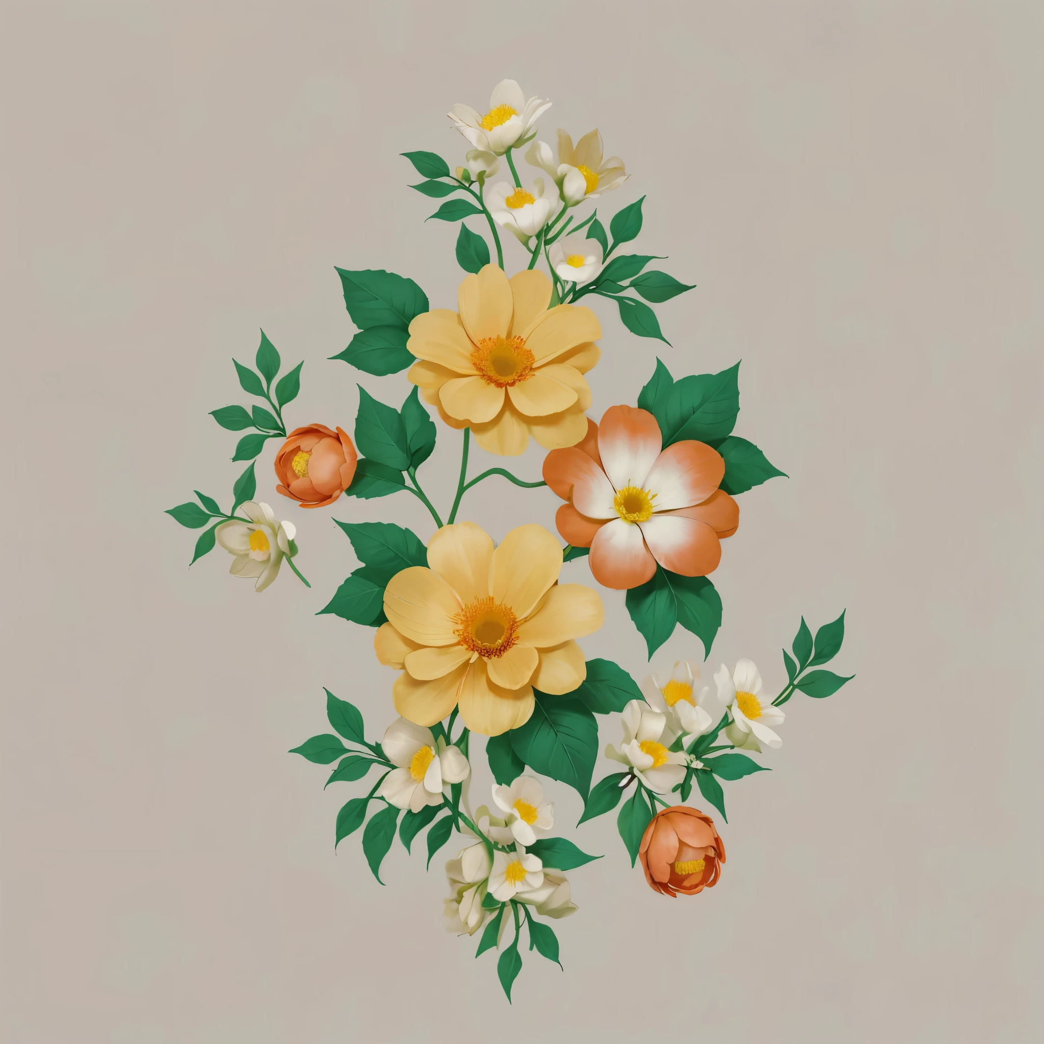 there is a picture of a flower arrangement with orange and white flowers, flower motif, floral wallpaper, flowery wallpaper, made of flowers and leaves, with yellow flowers around it, floral design, surrounded flower, stylized flowers, flowers and foliage, [ digital art, on a gray background, depicting a flower, sergey krasovskiy, computer wallpaper