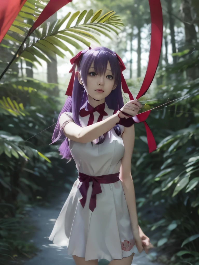 anime girl with purple hair holding a red ribbon in a forest, anime style like fate/stay night, anime moe artstyle, gapmoe yandere, misato katsuragi, official artwork, yandere, high quality anime artstyle, official art, clean detailed anime art, fate / stay night, made with anime painter studio, anime girl with a bow and arrow