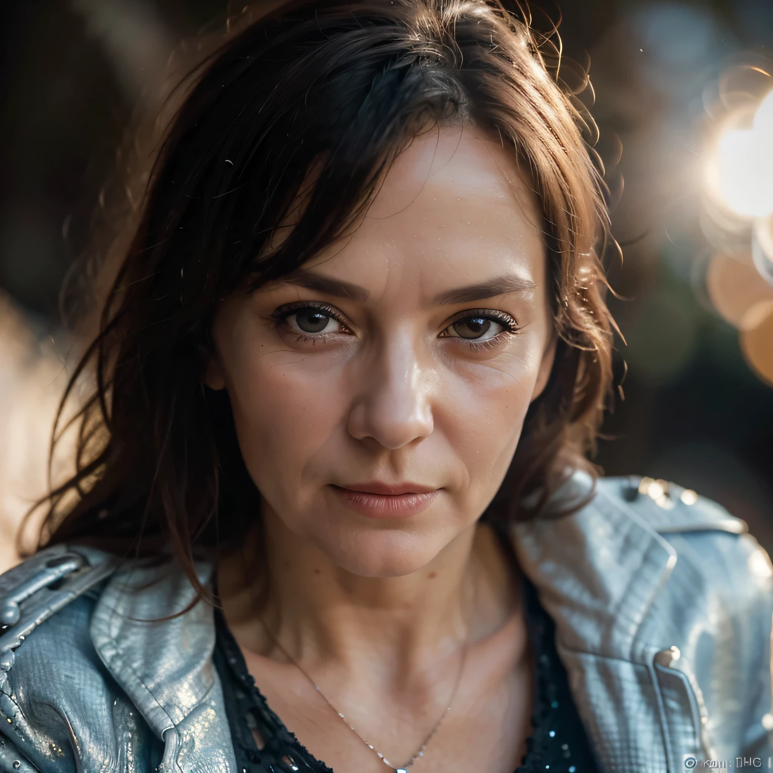 close-up portrait of a middle aged german woman in a sun lit ice cave while wearing a t-shirt and a jacket. fifty years old, cute face, slim and thin body, bokeh background, (highly detailed skin:1.0), (masterpiece:1.2) (photorealistic:1.2) (bokeh) (best quality) (intricate details) (8k) (HDR) (analog film) (canon d5) (cinematic lighting) (sharp focus),