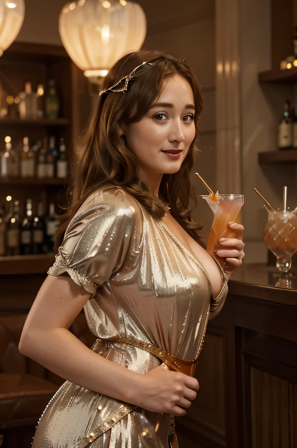 ((Jennifer Ehle)), 25 years, long light brown hair, large bust, (((wearing a 1920's cocktail outfit))), in a cocktail bar, fish hair ornament, light smile, Art Deco, sparkle, cinematic lighting, from side, Canon, UHD, anatomically correct, textured skin, 8k