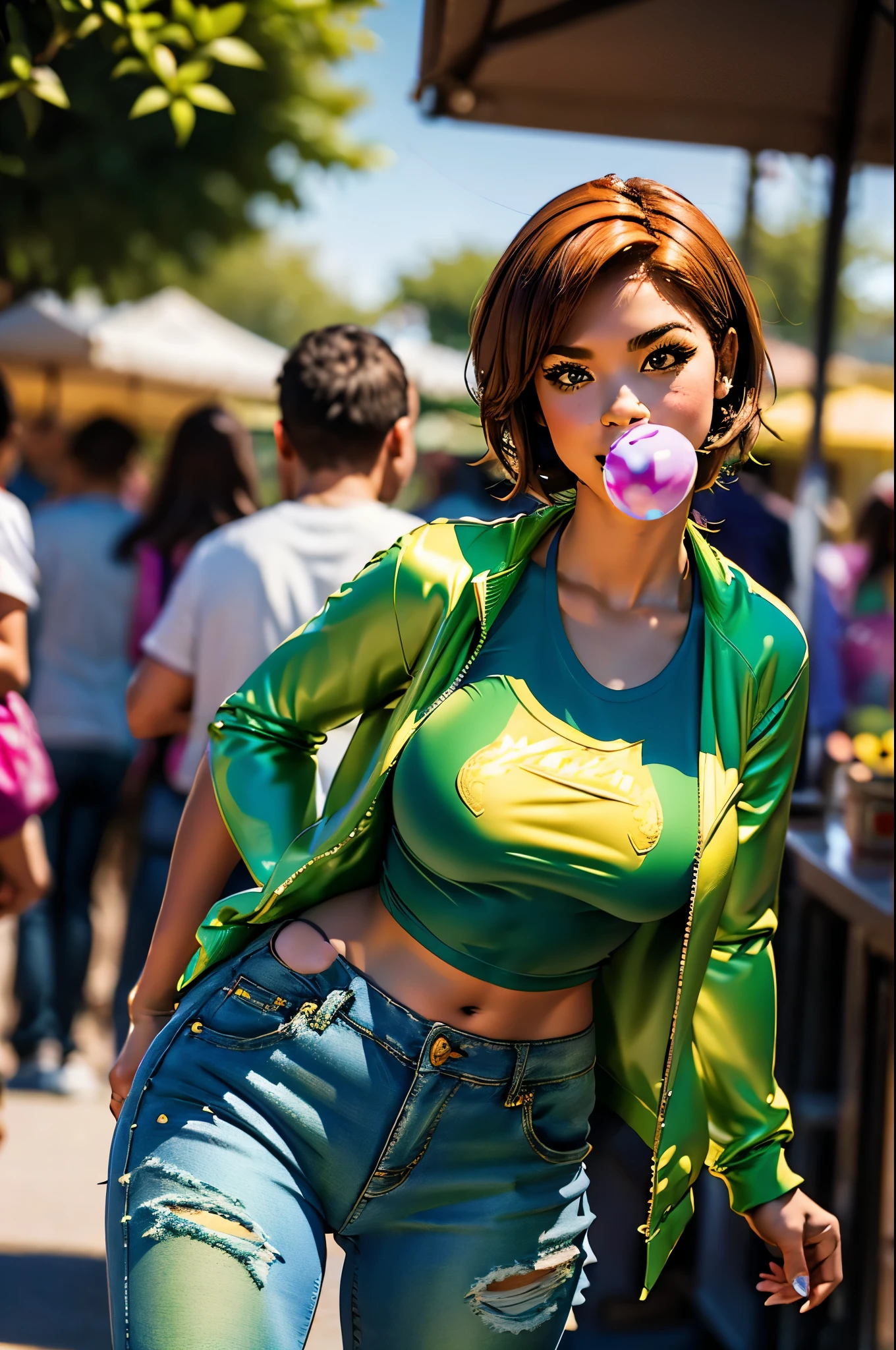 sdol, 1990's photograph, sdol, ((muscular)), smirking 1girl ginger haired freckled cosplayer blowing an massive gigantic enormous room filling transparent balloon from her lips), walking through morning farmer's market, (((futanut))), (wearing blue and gold and green college letterman jacket), (Sports logo t-shirt under neath jacket), (tight purple and green paisley jeans with an open fly), puffy thick lips, stroking thick massive penis, (lips blowing bubblegum chewing gum bubble)