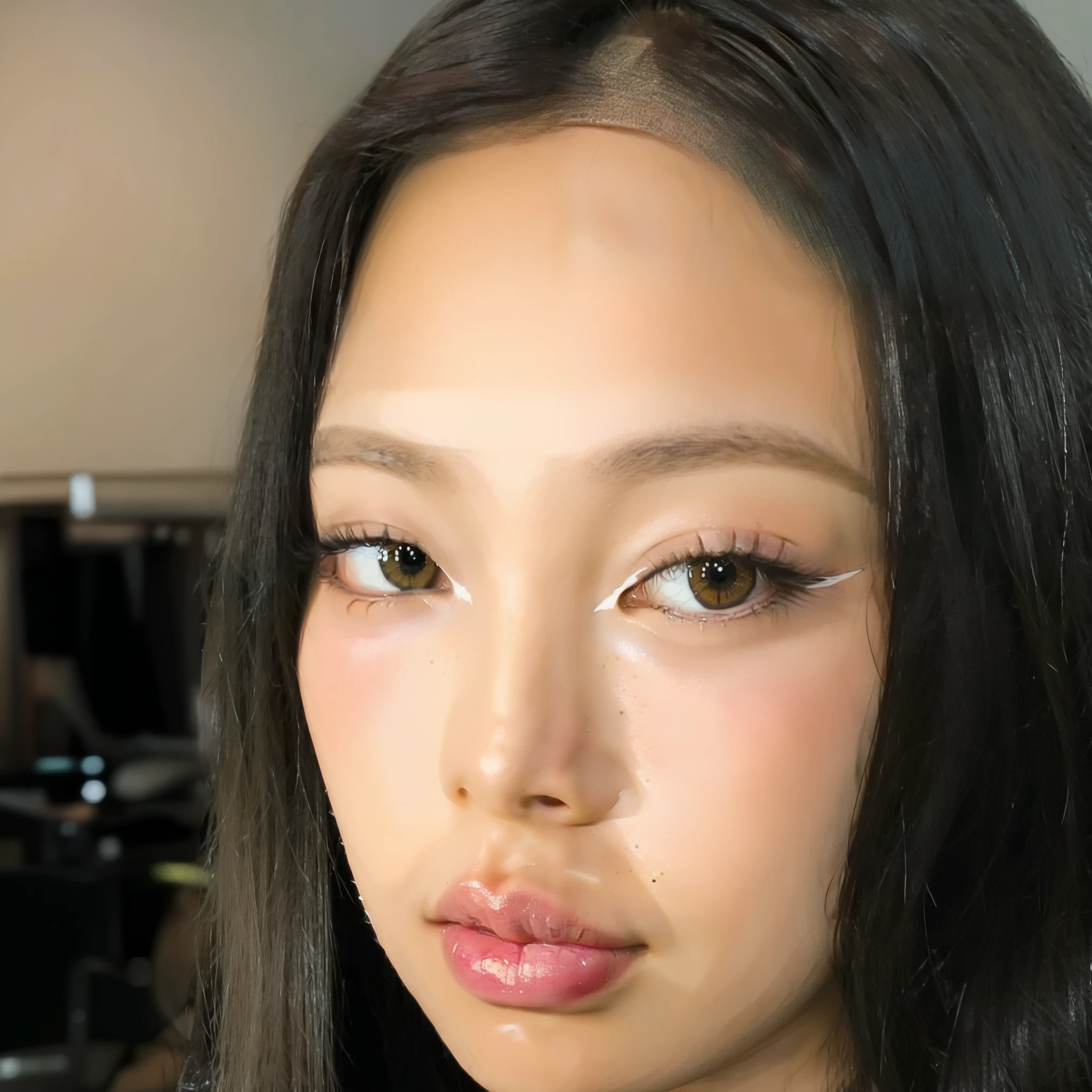 a close up of a woman with long black hair and a white shirt, detailed face of a asian girl, gongbi, blackpink jennie, asian face, a young asian woman, kumadori makeup, kiko mizuhara, japanese model, gemma chen, marin kitagawa, winged eyeliner, kiyoko suzuki, aoi ogata, glossy eyes