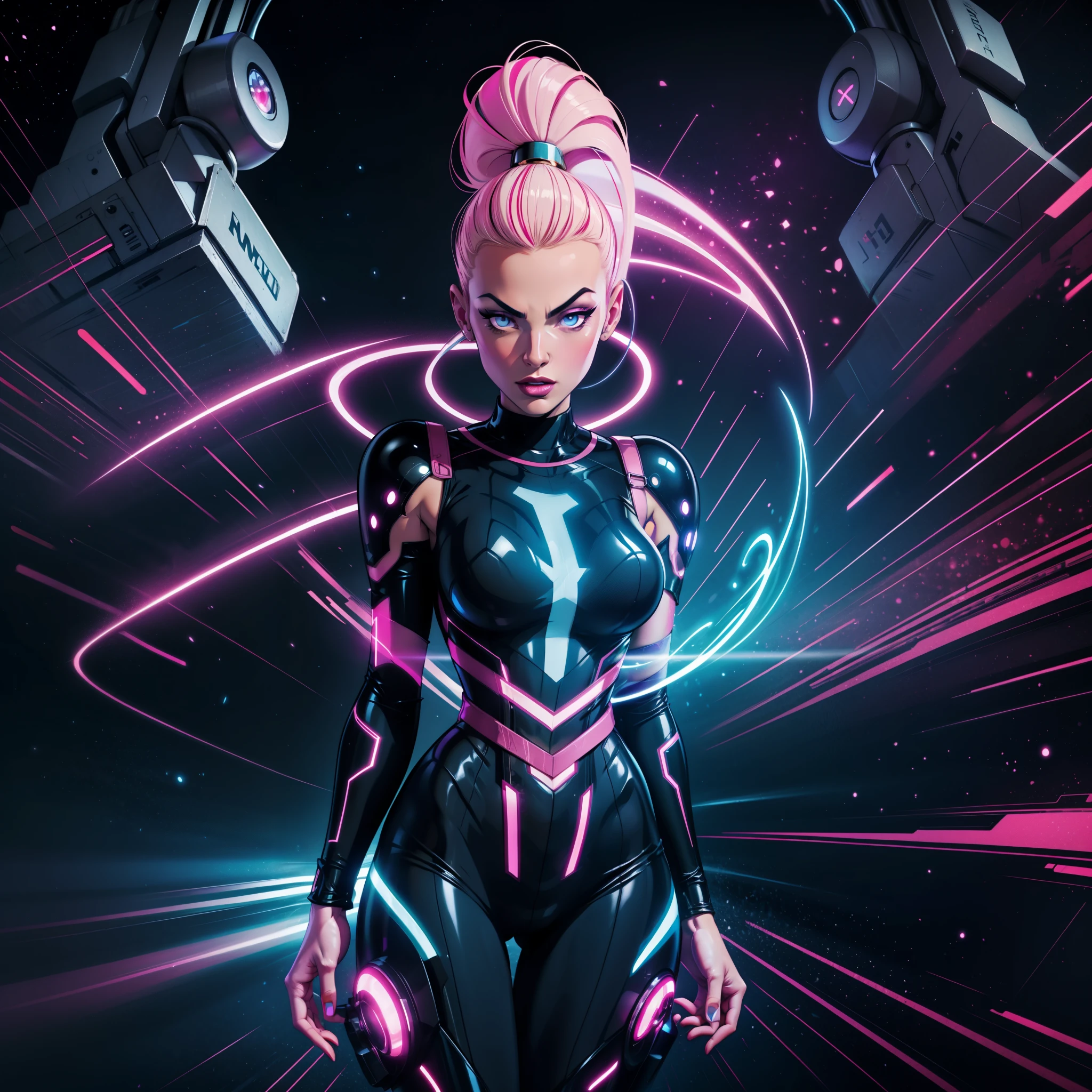 (best quality, masterpiece) scifi, futuristic, raw photo, 1girl with sexy laces clothes, (pink glossy hair) angry look, ultrasharp, (outline contourn) luminous paint, ultrasharp, particles, flares, neon Tokyo street background, many details in an amazing composition