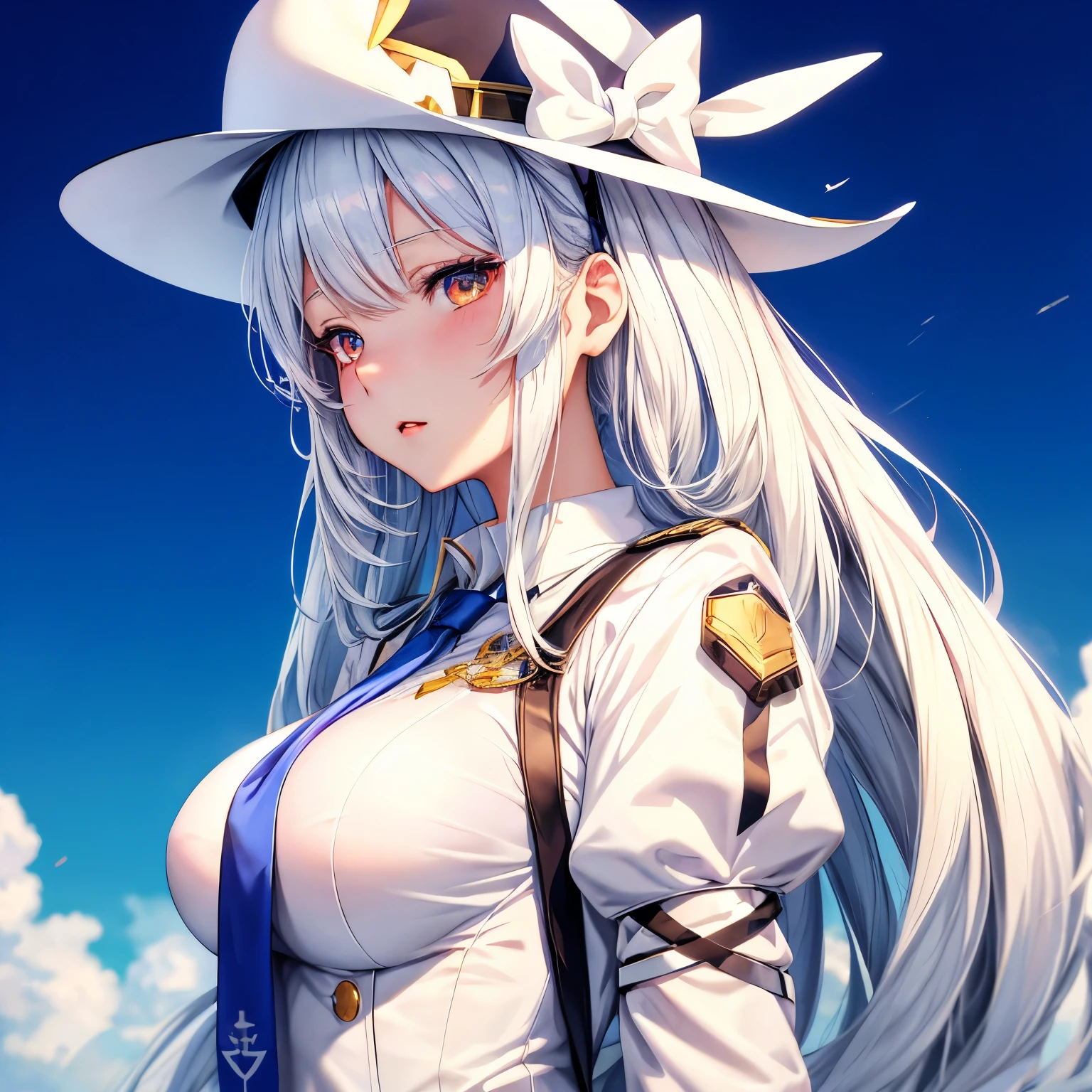 A woman wearing white western aesthetic clothing, with brown leather belt, brown leather boots, white hair, long hair, blue eyes, smiling, large breasts, brown cowboy hat, Monument Valley location, standing on the road of earth, wooden houses in the aesthetic of classic Faroest, (Azur_lane, USS_Yorktown.)UHD, masterpiece, accurate, anatomically correct, textured skin, super detail, high quality, best quality, 8k, high resolution, bokeh effect.(solo woman), close view.