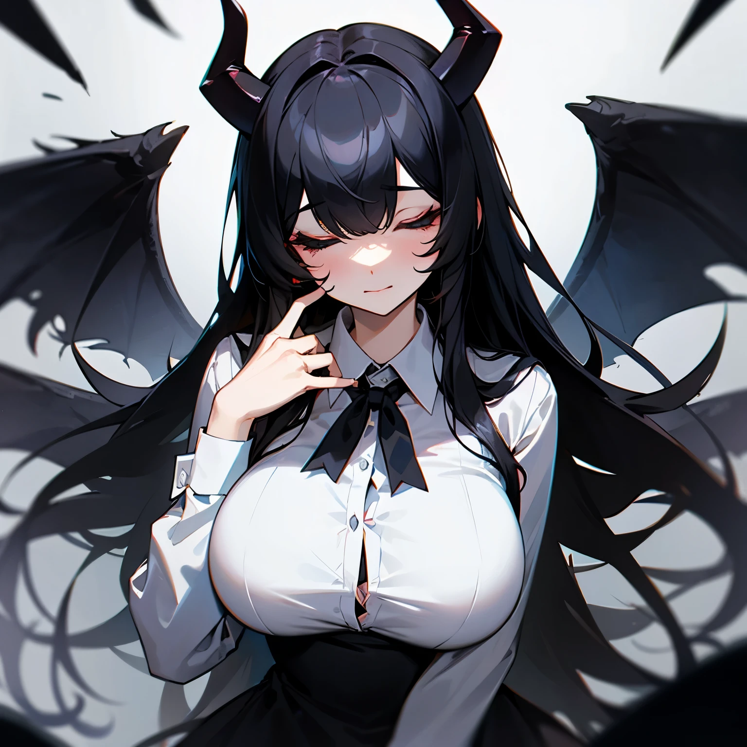 beautiful, black hair, long hair,Bangs covering eyes, four devil horns, wearing a dress shirt, large breasts, black wings, wearing a black mouth