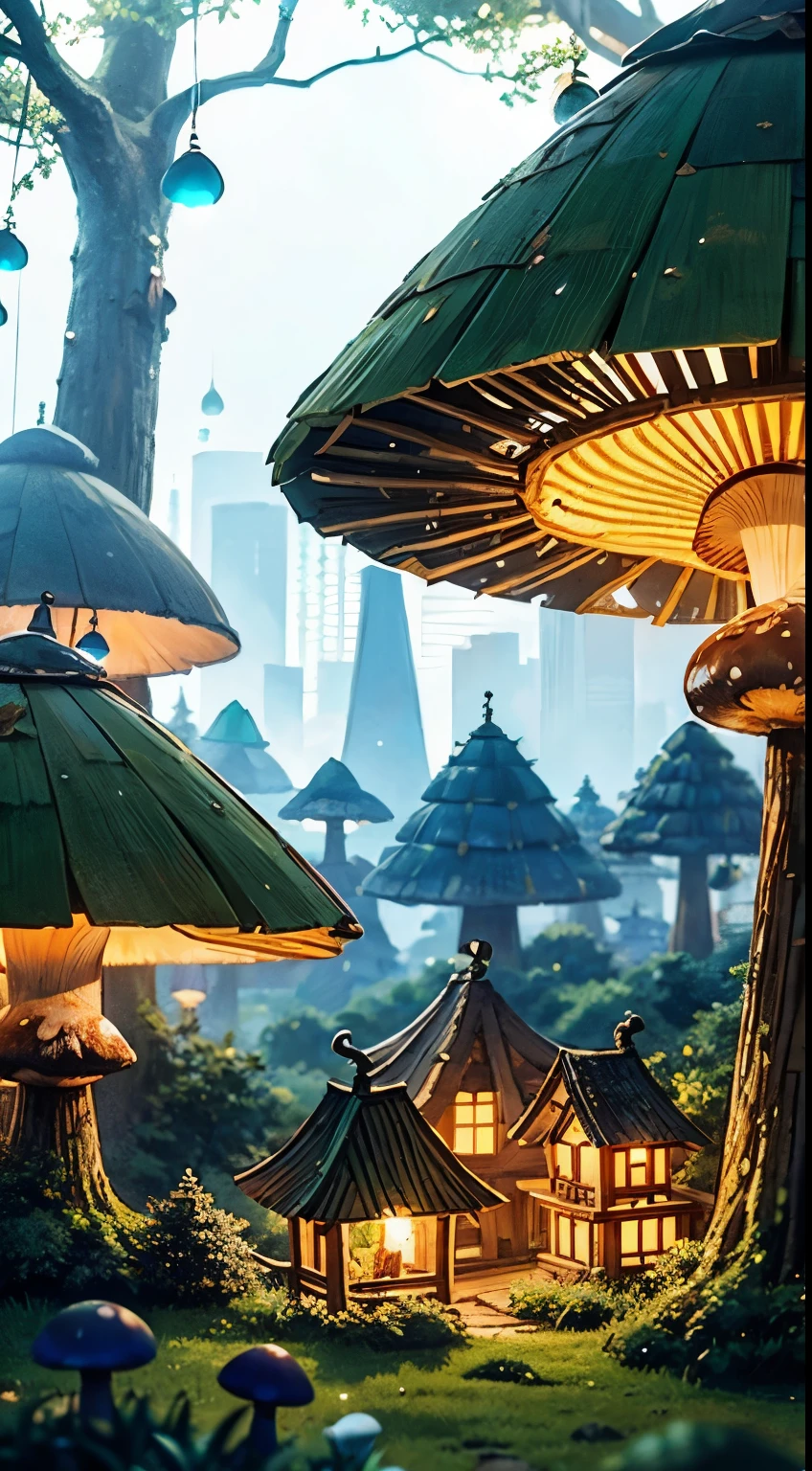 Elf city, tree-houses, tree branches, glowing mushrooms,