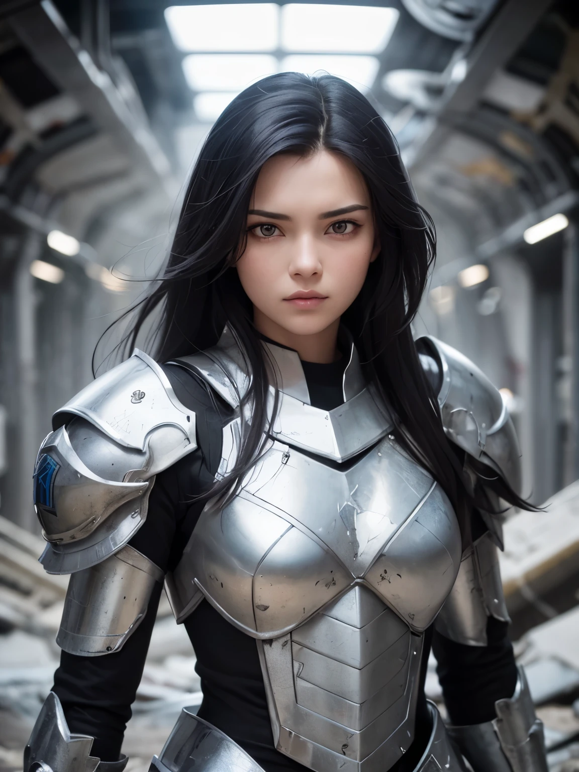 A beautiful woman. Twenty years old. she is staring at the camera with an angry expression. Black hair. long hair. she wears beautiful silver-white armor. She's in a spacious, debris-strewn research facility underground.
