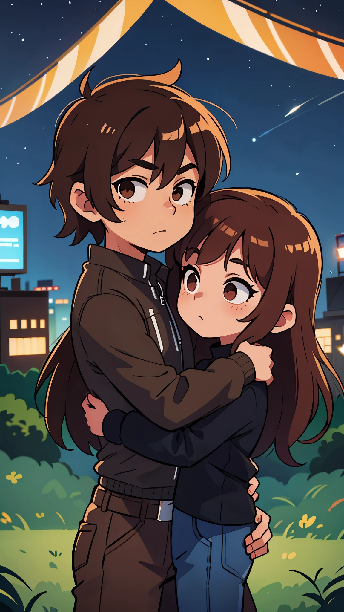 1 brown haired male , 1 brown  haired female, in a city, night time , looking at stars, wearing black clothes, hugging 