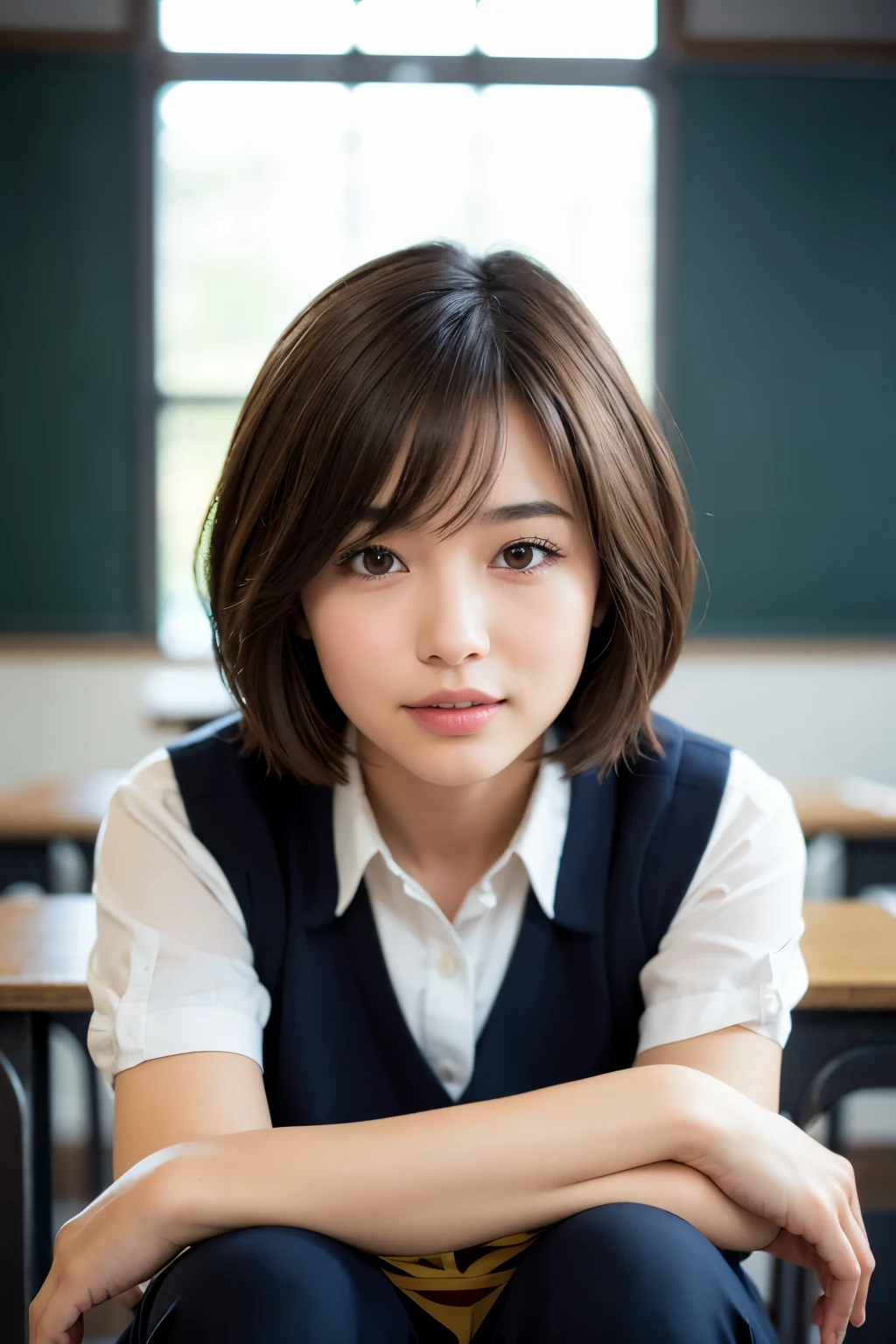 best quality, face focus, soft light, ultra high res, (photorealistic:1.4), RAW photo, 1japanese girl, solo, cute, (shy smile:0.5), (brown eyes, lights in the eyes), detailed beautiful face, (),(high resolution detail of human skin texture), (short bob hair), BREAK, in classroom,navy school uniform, vest, skirt
