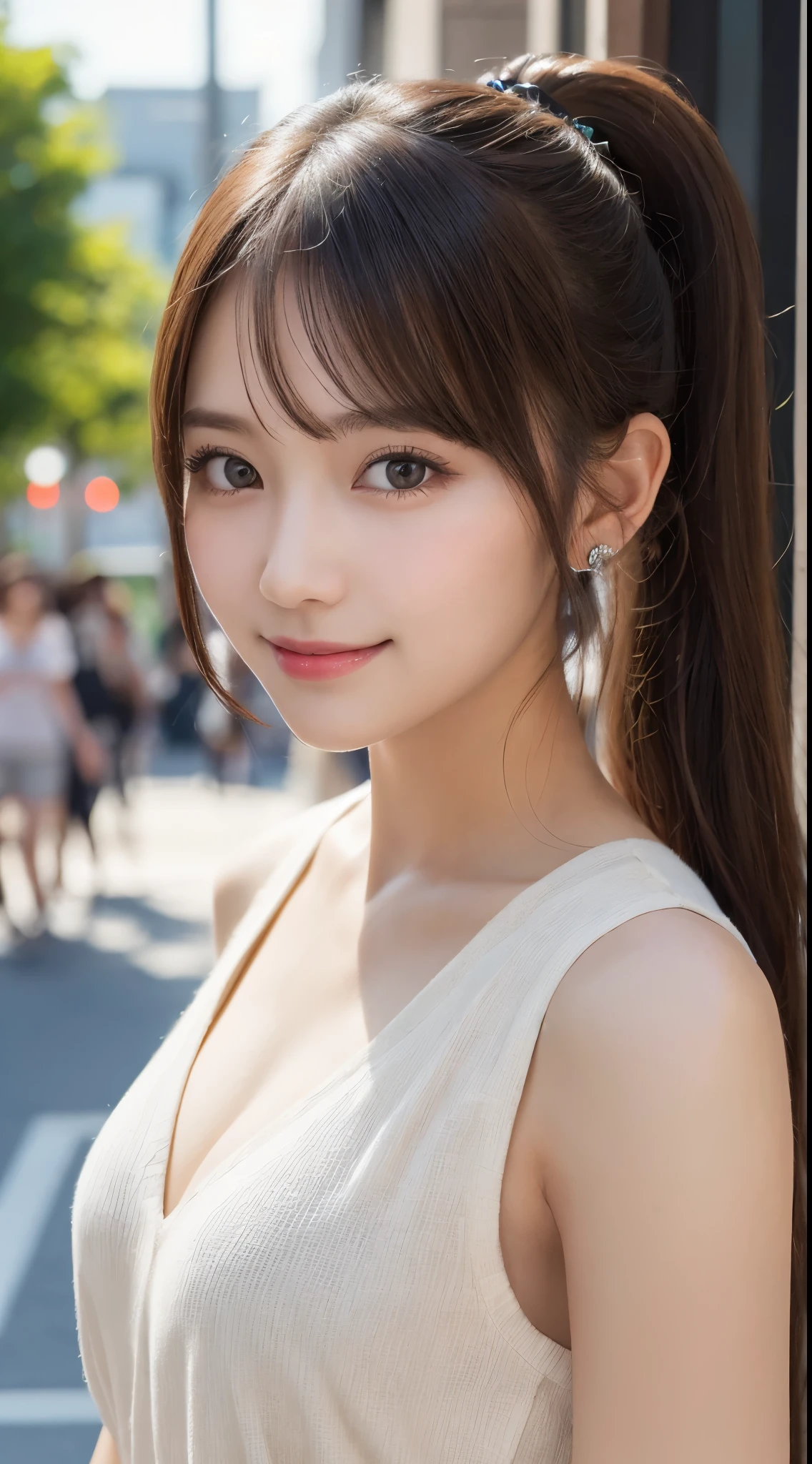masutepiece, Best Quality, Illustration, Ultra-detailed, finely detail, hight resolution, 8K Wallpaper, Perfect dynamic composition, Beautiful detailed eyes, Women's Fashion Summer,Ponytail hair,Small breasts natural color lip, Bold sexy poses,Smile,Harajuku、20 years girl、Cute、Sexy shot looking at camera