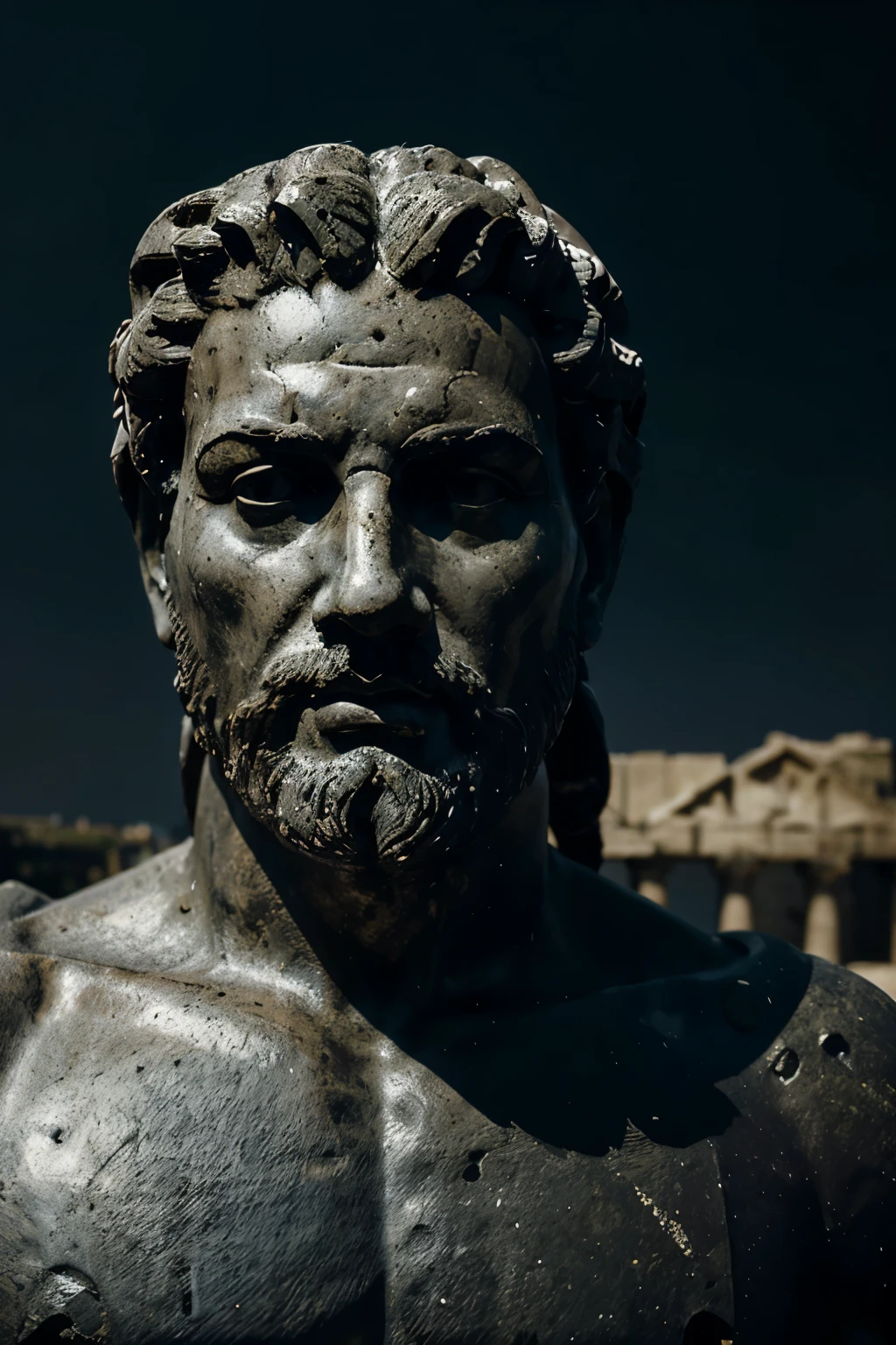 A dark landscape image of an ancient greek society deeply connected to stoicism, black and white, ancient greek architecture, include one single big statue of a stereotypical strong greek man, marcus aurelius --ar 16:9 --style G4JuqKUSsL