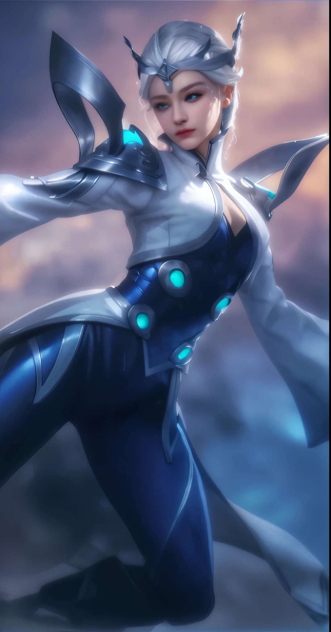 Real life adaption of this character, beauty face, realistic same white hair, realistic same outfit, realistic same headband on head Made from iron,realistic Eyes that glow blue color, realistic light, realistic shadow, realism, hyper realistic,( photorealistic 1:2)