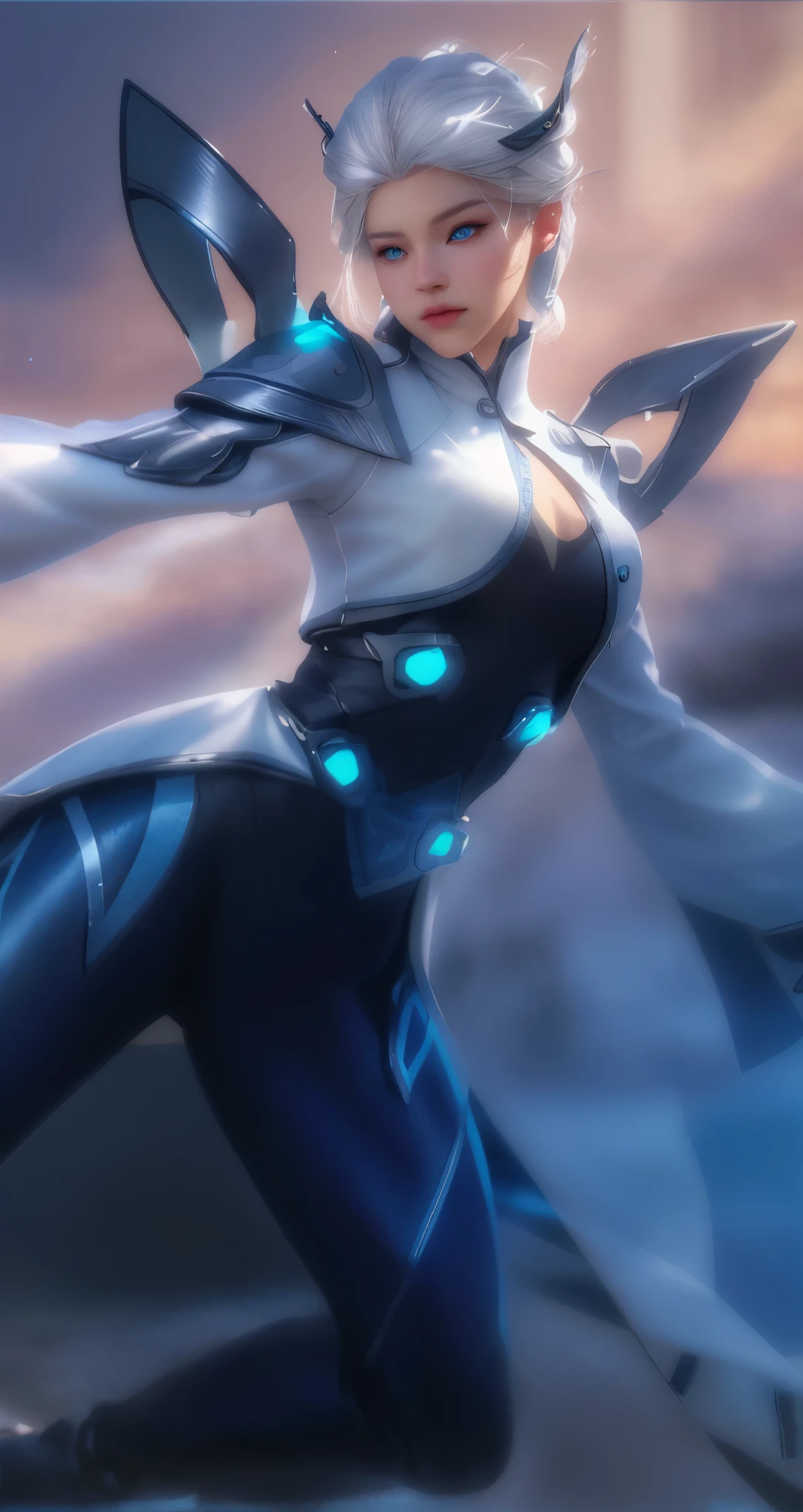 Real life adaption of this character, beauty face, realistic same white hair, realistic same outfit, realistic Eyes that glow blue color, realistic light, realistic shadow, realism, hyper realistic,( photorealistic 1:2)