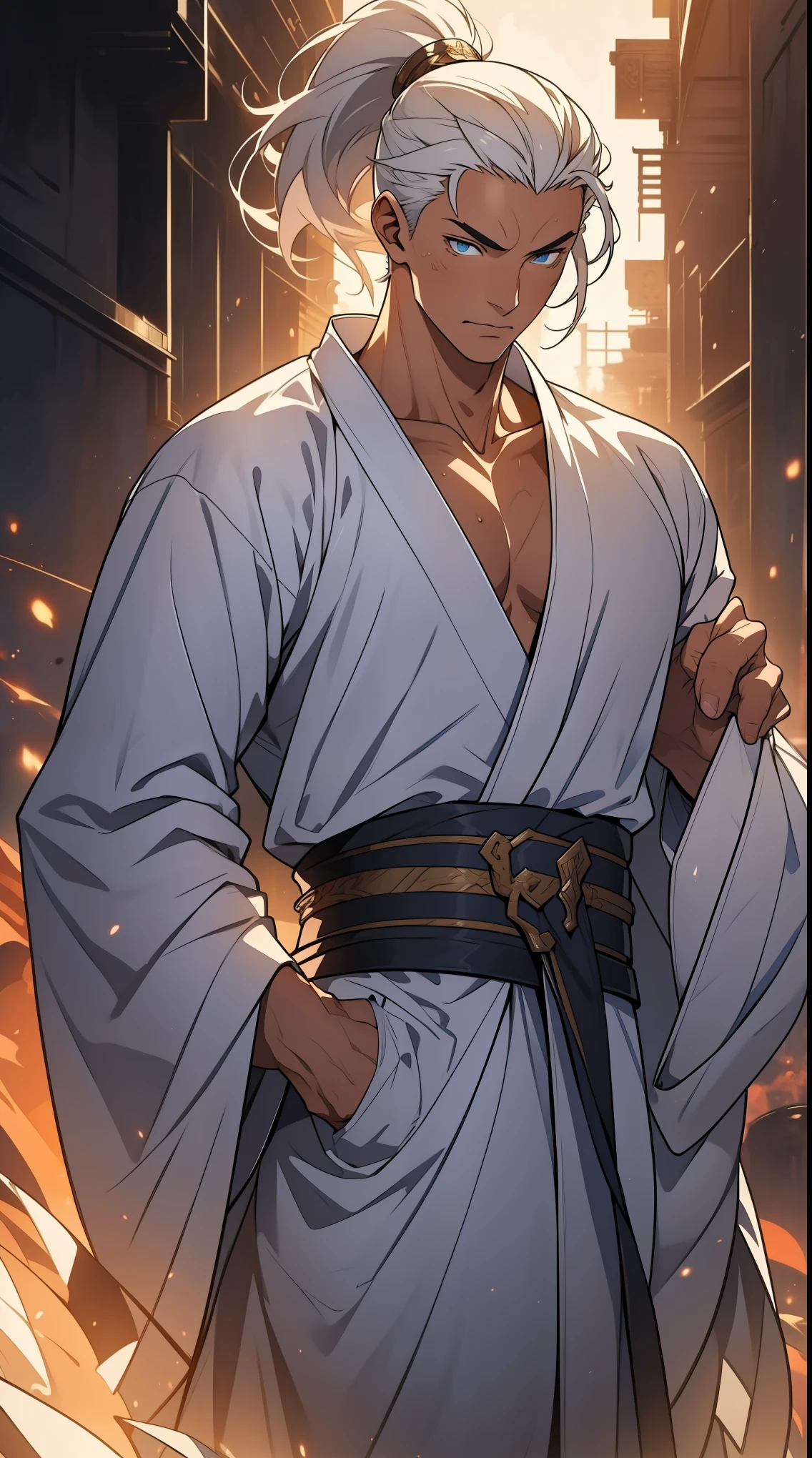 Two dimensions,anime style,one person(male warrior),proportions are correct,facial details,swordsman,high ponytail hairstyle,neck detail,Have an Adam's apple,White robe,joke,white robe,clothing details,transfer,long sleeves,Game quality,fencing,Ray tracing,Ray tracing,Detailed glow,CG rendering,hair details,long white hair,blue eyes,Handsome,Handsome,(Youthful feeling),Clothing is complicated,Perfect composition,refine,high quality,higher details,many details,Complex background,a sense of atmosphere,