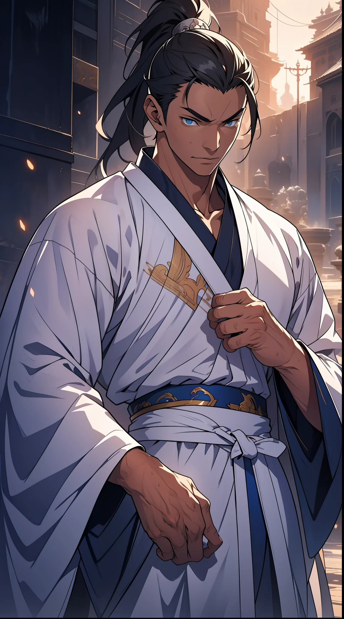 Two dimensions,anime style,one person(male warrior),proportions are correct,facial details,swordsman,high ponytail hairstyle,neck detail,Have an Adam's apple,White robe,joke,white robe,clothing details,transfer,long sleeves,Game quality,fencing,Ray tracing,Ray tracing,Detailed glow,CG rendering,hair details,long white hair,blue eyes,Handsome,Handsome,(Youthful feeling),Clothing is complicated,Perfect composition,refine,high quality,higher details,many details,Complex background,a sense of atmosphere,
