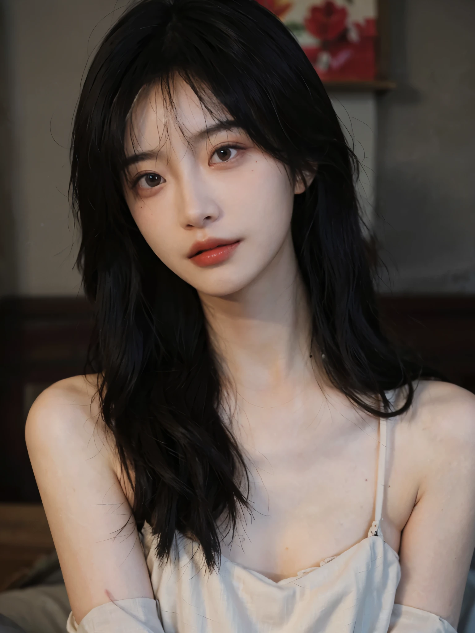 Film portrait photography, 1 girl, bare shoulders,lipstick，（flat chest：1.4）， Shoulder length wavy hair, serene, calm, (Realistic and detailed eyes, natural skin texture, Realistic facial details), Soft dramatic lighting, depth of field, Bokeh, Vibrant details, detailed meticulous, hyper-realistic, 35mm film, hazy, ,