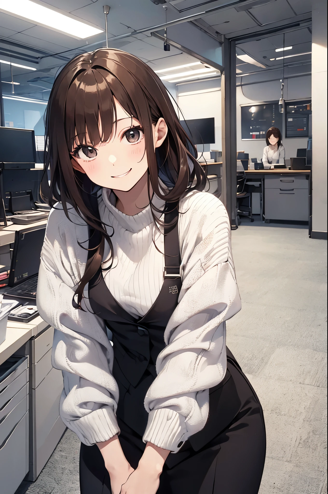 (Pretty sister:1.3)、happy face,winter atmosphere、suit figure、office、noon、brown hair、At work