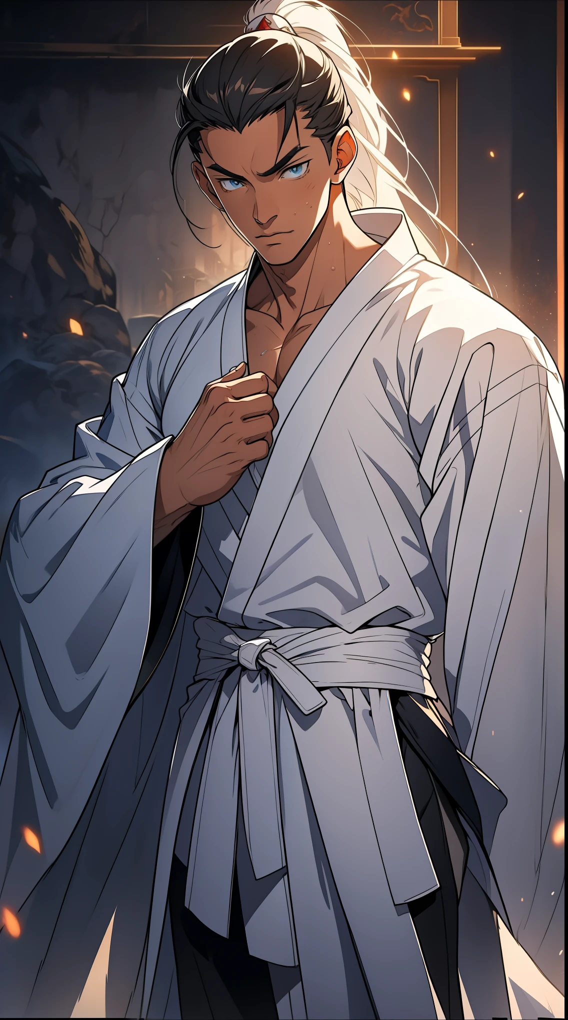 Two dimensions,anime style,one person(male warrior),proportions are correct,facial details,swordsman,high ponytail hairstyle,neck detail,Have an Adam's apple,White robe,joke,white robe,clothing details,transfer,long sleeves,Game quality,fencing,Ray tracing,Ray tracing,Detailed glow,CG rendering,hair details,long white hair,blue eyes,Handsome,Handsome,(Youthful feeling),Clothing is complicated,Perfect composition,refine,high quality,higher details,many details,Complex background,a sense of atmosphere,