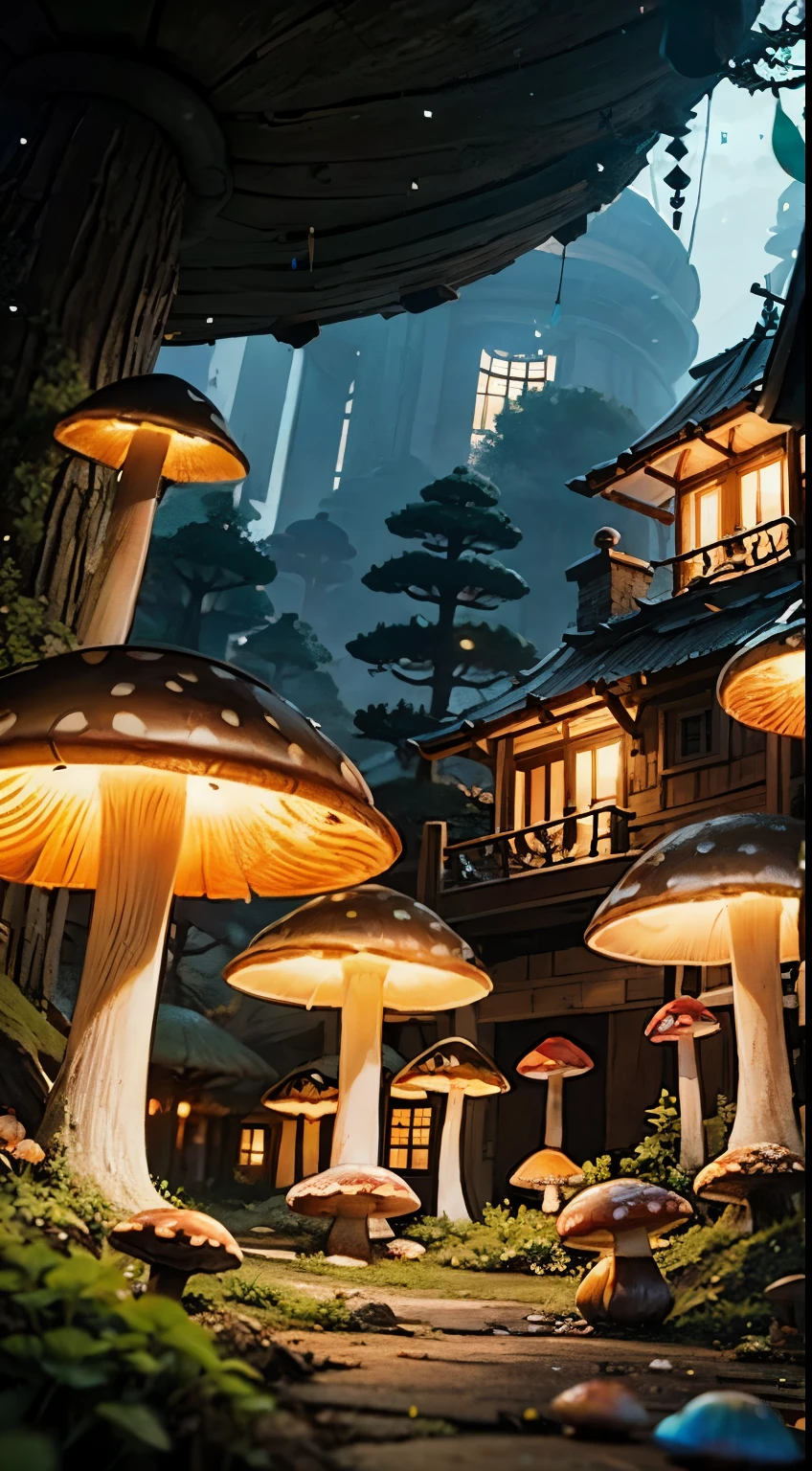 Elf city, tree-houses, tree branches, glowing mushrooms,