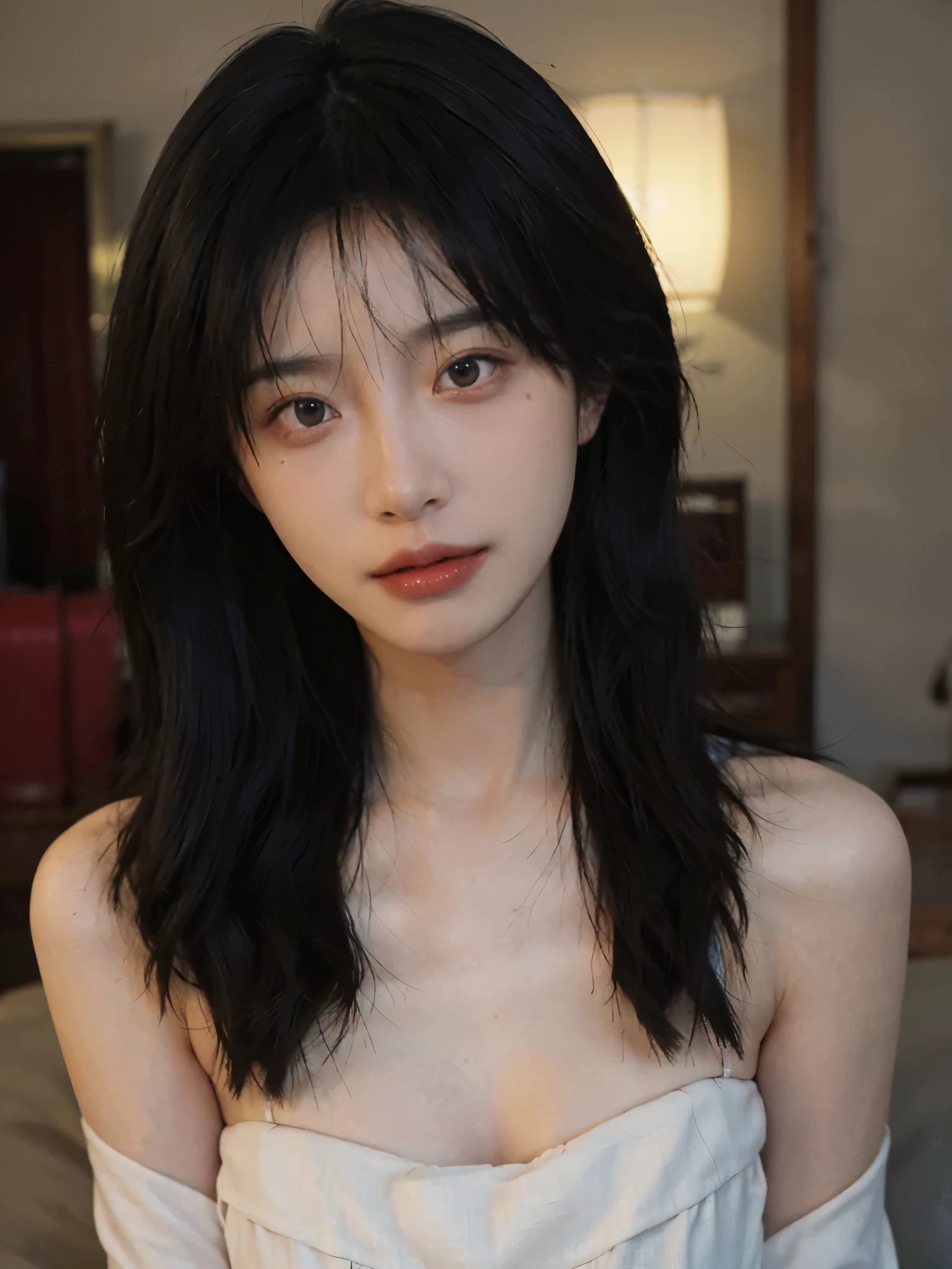 Film portrait photography, 1 girl, bare shoulders,lipstick，（flat chest：1.4）， Shoulder length wavy hair, serene, calm, (Realistic and detailed eyes, natural skin texture, Realistic facial details), Soft dramatic lighting, depth of field, Bokeh, Vibrant details, detailed meticulous, hyper-realistic, 35mm film, hazy, ,