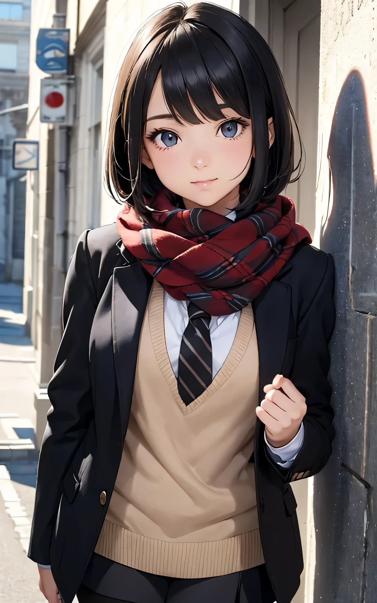 1girl, solo, thighhighs, skirt, long hair, scarf, jacket, hair ornament, necktie, smile, outdoors, brown hair, brown eyes, looking at viewer, hairclip, shirt, sitting, red scarf, white shirt, school uniform, bangs, black jacket, plaid, long sleeves, plaid skirt, open clothes, black thighhighs, blazer, closed mouth, pleated skirt, open jacket, sky, brown skirt, snow, blush, fringe trim, sweater, sweater vest, snowing, black necktie, night, collared shirt, miniskirt, feet out of frame, lamppost,
best quality ,masterpiece,realistic,Vibrant colors:1.5, an extremely delicate and beautiful, finely detail, extremely detailed CG unity 8k wallpaper,huge filesize , ultra-detailed, highres, RAW photo, vivid, intricate details, perfect eyes, perfect face, perfect lighting,
