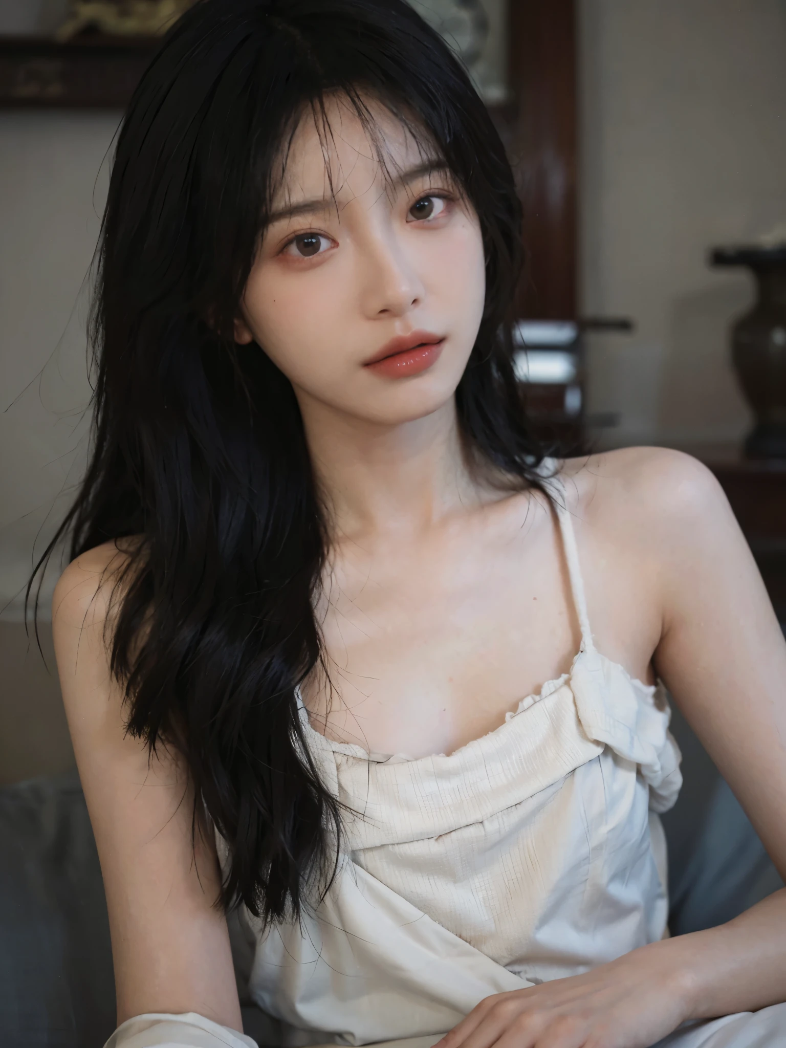 Film portrait photography, 1 girl, bare shoulders,lipstick，（flat chest：1.4）， Shoulder length wavy hair, serene, calm, (Realistic and detailed eyes, natural skin texture, Realistic facial details), Soft dramatic lighting, depth of field, Bokeh, Vibrant details, detailed meticulous, hyper-realistic, 35mm film, hazy, Royal sister，