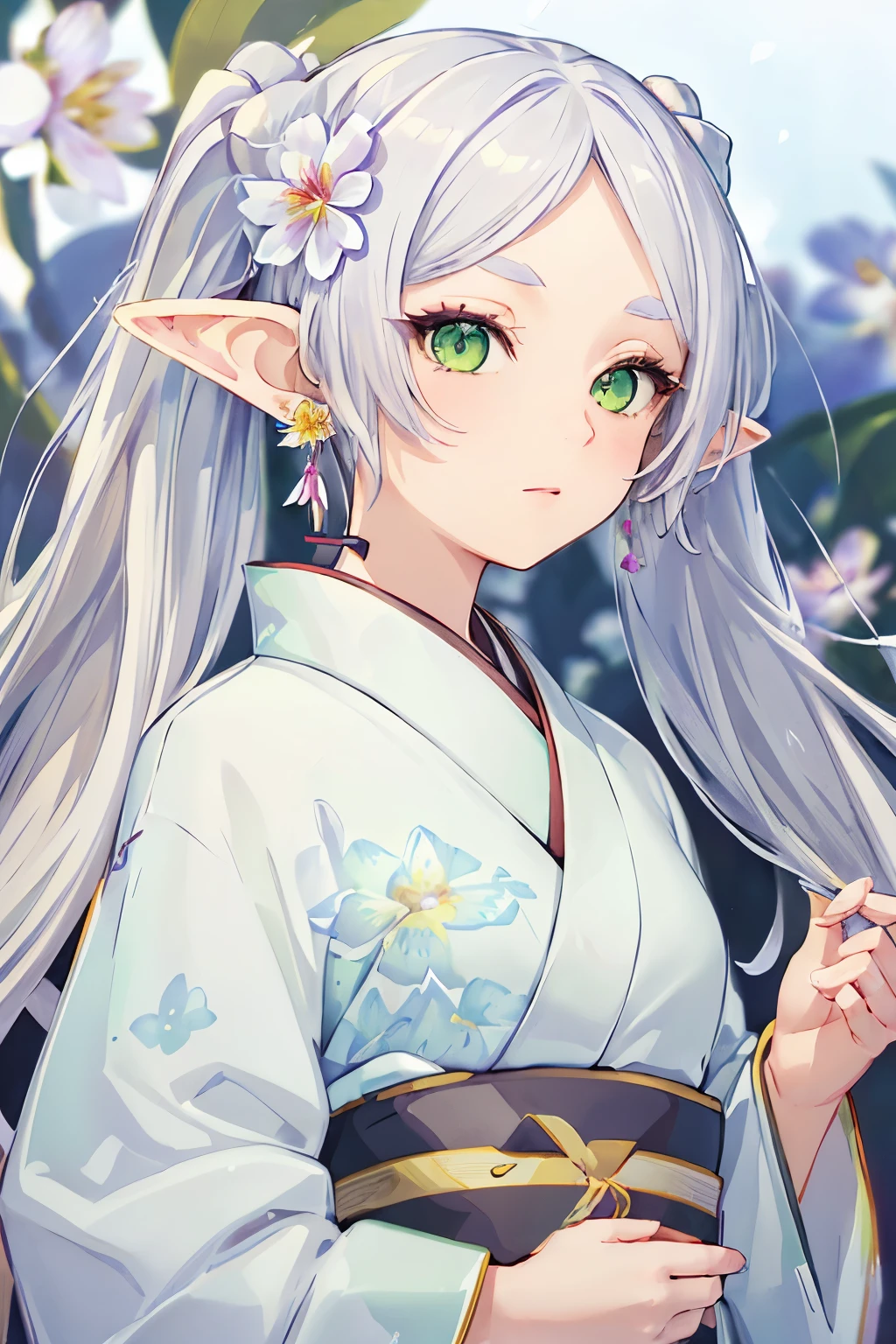 ((masterpiece)), (highest quality), High resolution, super detailed, disorganized, 2D freeze, 1 girl, earrings, goblin, long hair, pointed ears, alone, twin tails, green eyes, earrings, gray hair, looking at the viewer, (white kimono:1.3), (gorgeous flower pattern:1.3), (flower hair ornament:1.3), Temple background